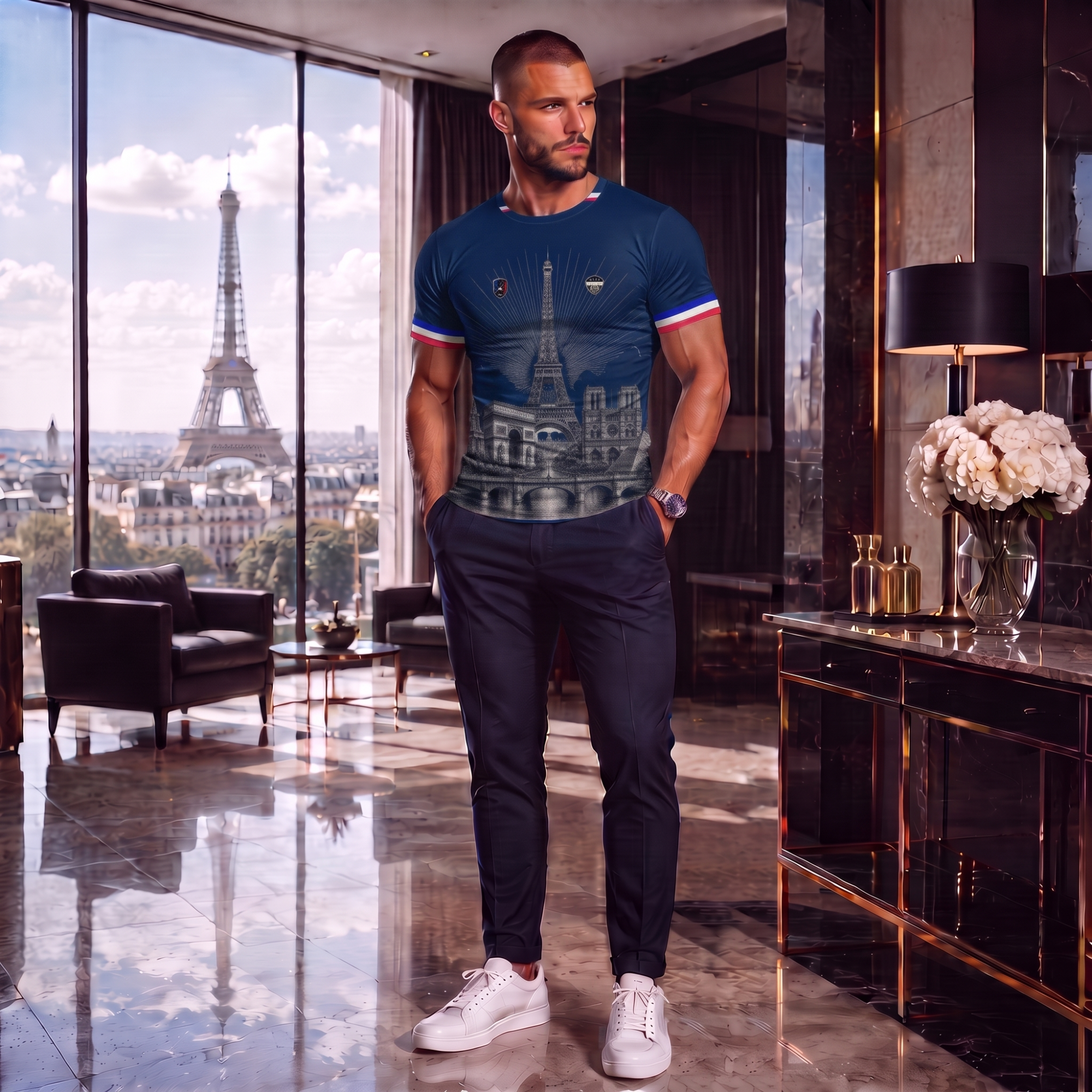 Elegantes männliches Model trägt ein exklusives dunkelblaues CERTANU Frankreich Fußballshirt in einem luxuriösen Penthouse mit Blick auf den Eiffelturm in Paris. Das Premium Fanshirt zeigt auf der Vorderseite eine detailreiche Illustration des Eiffelturms, des Arc de Triomphe, von Notre-Dame und der Seine mit historischen Brücken in einem stilvollen monochromen Design. Rot-weiß-blaue Streifen an Ärmeln und Kragen greifen die Farben Frankreichs auf und unterstreichen den hochwertigen Look. Kombiniert mit dun