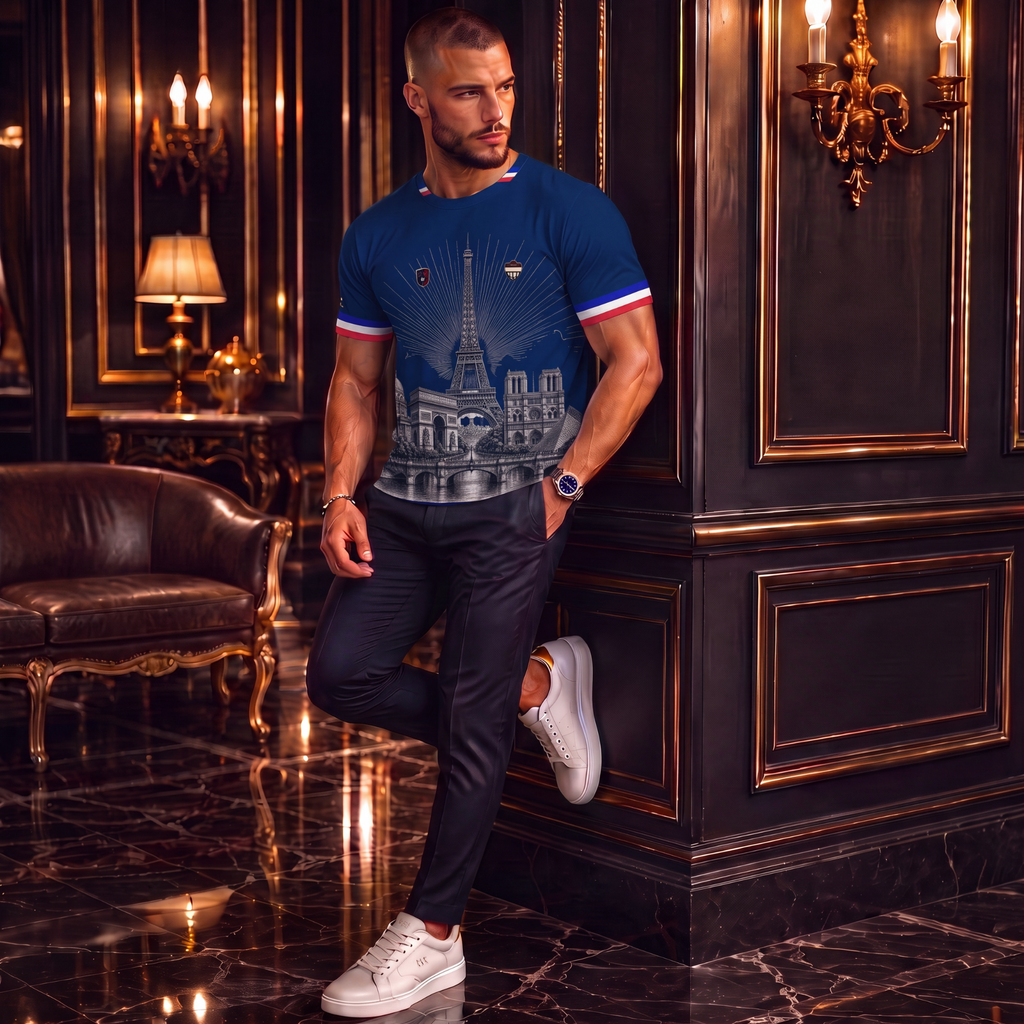 Elegantes männliches Model trägt ein exklusives dunkelblaues CERTANU Frankreich Fan-Shirt mit hochwertigem Paris-Design in einem luxuriösen Hotelinterieur. Das Premium Fußballshirt zeigt auf der Vorderseite den Eiffelturm, den Arc de Triomphe, Notre-Dame und weitere ikonische Wahrzeichen von Paris in einer detailreichen monochromen Illustration. Die Ärmel sind mit den Farben der französischen Nationalflagge verziert und verleihen dem Shirt einen stilvollen sportlichen Look. Kombiniert mit einer dunklen Stof