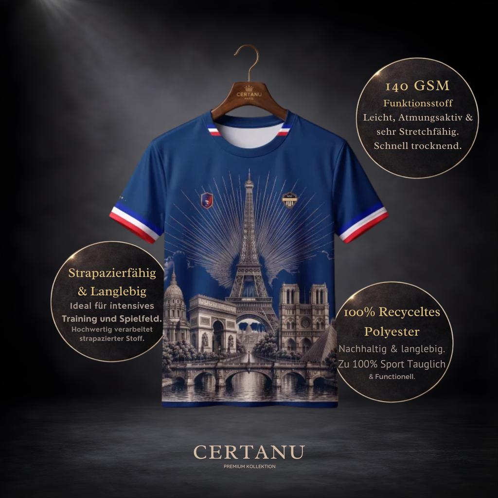 Premium CERTANU Frankreich Fan-Trikot aus leichtem Funktionsstoff auf einem hochwertigen Holzkleiderbügel vor dunklem Studiohintergrund. Das exklusive Design zeigt den Eiffelturm, den Arc de Triomphe, Notre-Dame de Paris und weitere ikonische Wahrzeichen in einer detailreichen Illustration auf dunkelblauem Stoff. Die Ärmel sind mit den Farben der französischen Nationalflagge verziert und unterstreichen den sportlich-eleganten Look. Infografiken heben die Produkteigenschaften hervor: 140 GSM Funktionsstoff, 