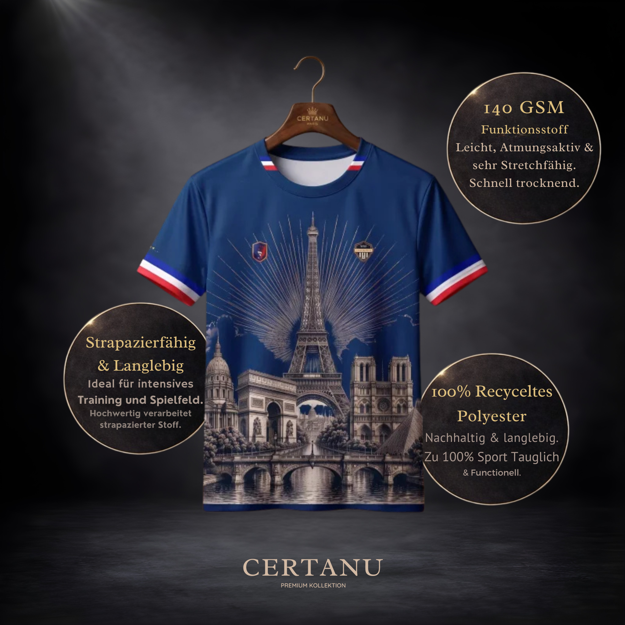 Premium CERTANU Frankreich Fan-Trikot aus leichtem Funktionsstoff auf einem hochwertigen Holzkleiderbügel vor dunklem Studiohintergrund. Das exklusive Design zeigt den Eiffelturm, den Arc de Triomphe, Notre-Dame de Paris und weitere ikonische Wahrzeichen in einer detailreichen Illustration auf dunkelblauem Stoff. Die Ärmel sind mit den Farben der französischen Nationalflagge verziert und unterstreichen den sportlich-eleganten Look. Infografiken heben die Produkteigenschaften hervor: 140 GSM Funktionsstoff, 