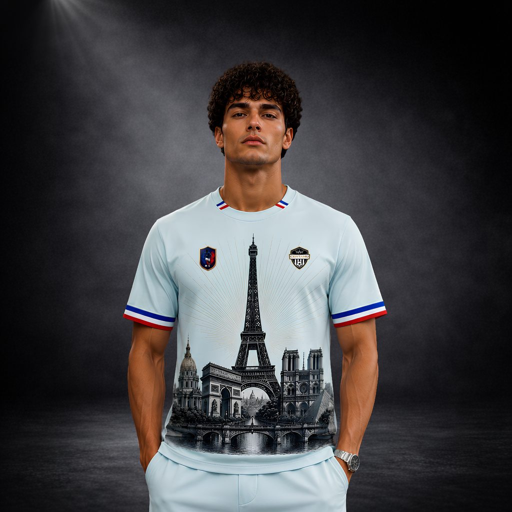 Junger Mann trägt ein exklusives hellblaues CERTANU Frankreich Fan-Trikot mit hochwertigem Paris-Design vor dunklem Studiohintergrund. Die Vorderseite zeigt den Eiffelturm, den Arc de Triomphe, Notre-Dame de Paris, die Kuppel des Panthéon und eine Pariser Brücke in einer detailreichen monochromen Illustration. Die Ärmel und der Kragen sind mit den Farben der französischen Nationalflagge gestaltet und verleihen dem Premium Fußballshirt einen eleganten sportlichen Look. Das atmungsaktive Performance-Trikot ei