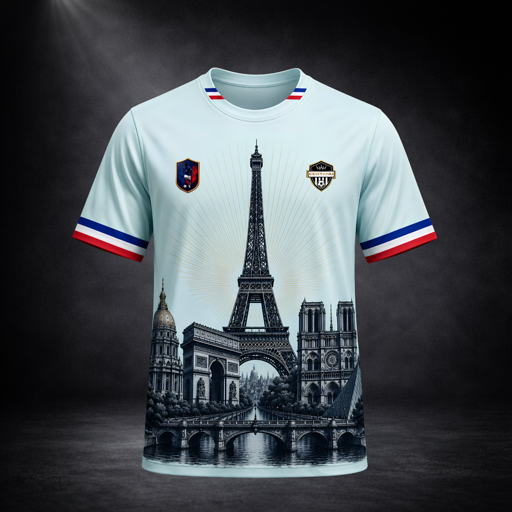 Premium CERTANU Frankreich Fan-Trikot in Hellblau mit detailreicher Paris-Illustration auf der Vorderseite vor dunklem Studiohintergrund. Das exklusive Fußballshirt zeigt den Eiffelturm, den Arc de Triomphe, Notre-Dame de Paris, das Panthéon und eine historische Pariser Brücke in einer hochwertigen monochromen Grafik. Ärmel und Kragen sind mit den Farben der französischen Nationalflagge gestaltet und verleihen dem Performance-Trikot einen eleganten sportlichen Look. Das atmungsaktive Funktionsshirt eignet s
