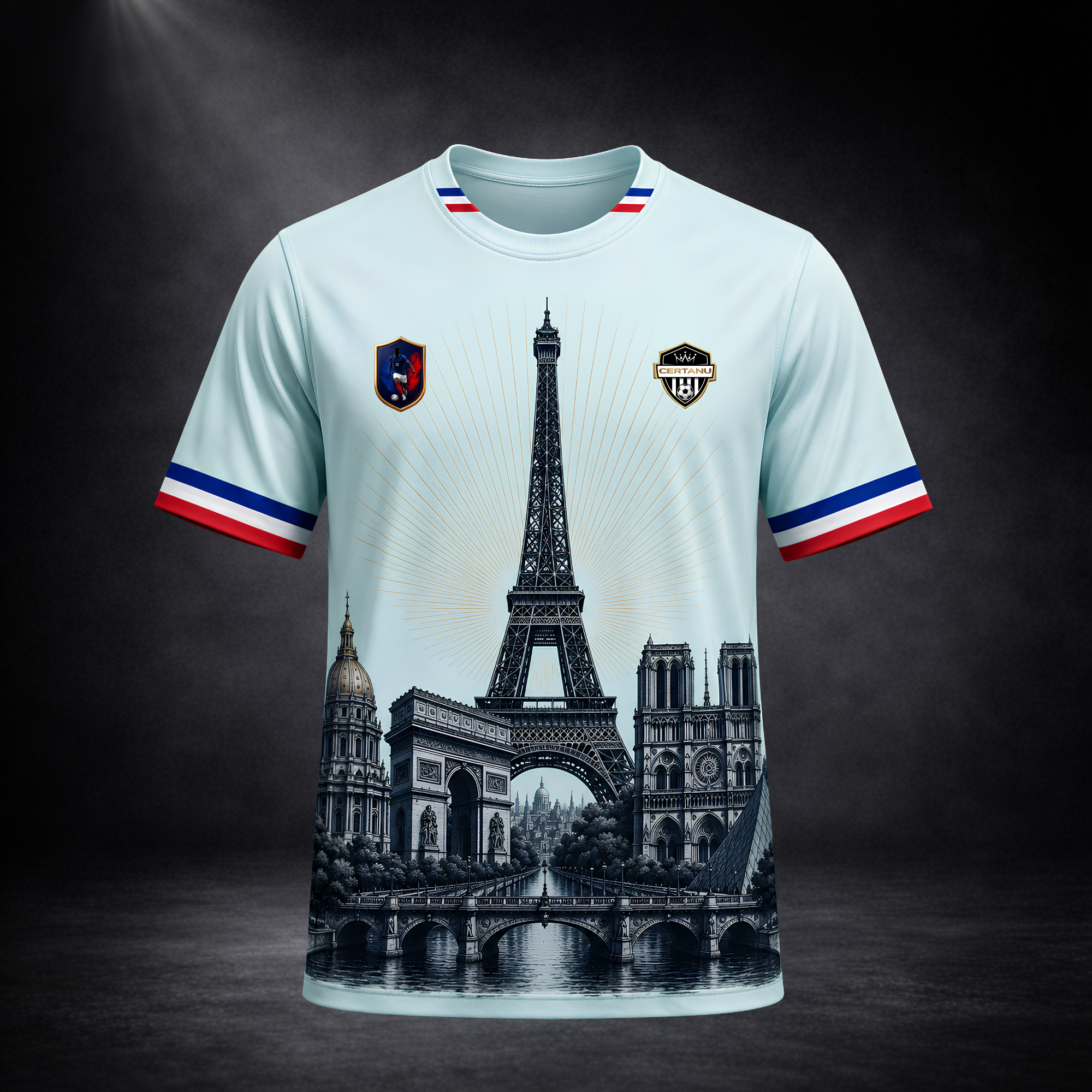 Premium CERTANU Frankreich Fan-Trikot in Hellblau mit detailreicher Paris-Illustration auf der Vorderseite vor dunklem Studiohintergrund. Das exklusive Fußballshirt zeigt den Eiffelturm, den Arc de Triomphe, Notre-Dame de Paris, das Panthéon und eine historische Pariser Brücke in einer hochwertigen monochromen Grafik. Ärmel und Kragen sind mit den Farben der französischen Nationalflagge gestaltet und verleihen dem Performance-Trikot einen eleganten sportlichen Look. Das atmungsaktive Funktionsshirt eignet s
