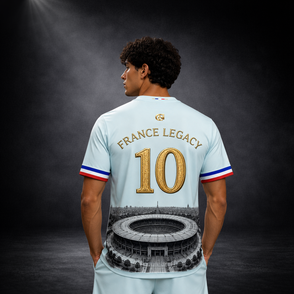 Rückansicht eines jungen Mannes im exklusiven hellblauen CERTANU Frankreich Fan-Trikot vor dunklem Studiohintergrund. Das Premium Fußballshirt zeigt auf dem Rücken den Schriftzug „France Legacy“, eine große goldene Nummer 10 mit edler Struktur sowie eine detailreiche Illustration des Stade de France im unteren Bereich. Ärmel und Kragen sind mit den Farben der französischen Nationalflagge gestaltet und verleihen dem hochwertigen Performance-Trikot einen eleganten sportlichen Look. Ideal für Fußballfans, Stad