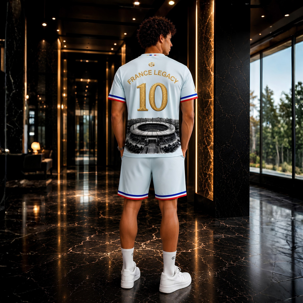 Rückansicht eines jungen Mannes im exklusiven hellblauen CERTANU France Legacy Fan-Trikot mit passender Shorts in einem luxuriösen Hotelambiente. Auf dem Rücken befinden sich der goldene Schriftzug „France Legacy“, eine große goldene Nummer 10 sowie eine detailreiche Illustration des Stade de France in Schwarz-Weiß. Ärmel und Shorts sind mit den Farben der französischen Nationalflagge verziert. Das hochwertige Funktionsset wird mit weißen Sneakers und Sportsocken kombiniert und eignet sich ideal für Fußball