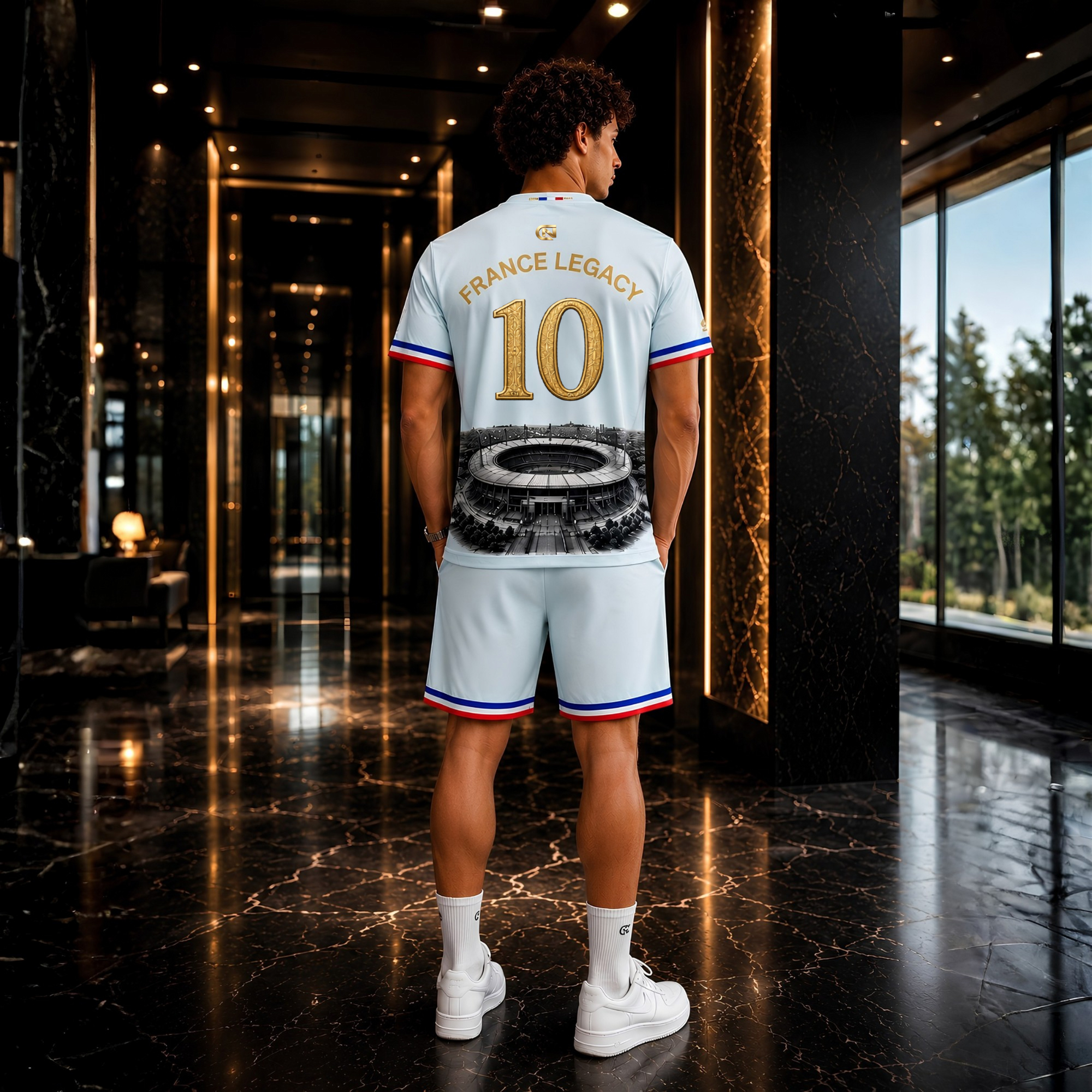 Rückansicht eines jungen Mannes im exklusiven hellblauen CERTANU France Legacy Fan-Trikot mit passender Shorts in einem luxuriösen Hotelambiente. Auf dem Rücken befinden sich der goldene Schriftzug „France Legacy“, eine große goldene Nummer 10 sowie eine detailreiche Illustration des Stade de France in Schwarz-Weiß. Ärmel und Shorts sind mit den Farben der französischen Nationalflagge verziert. Das hochwertige Funktionsset wird mit weißen Sneakers und Sportsocken kombiniert und eignet sich ideal für Fußball