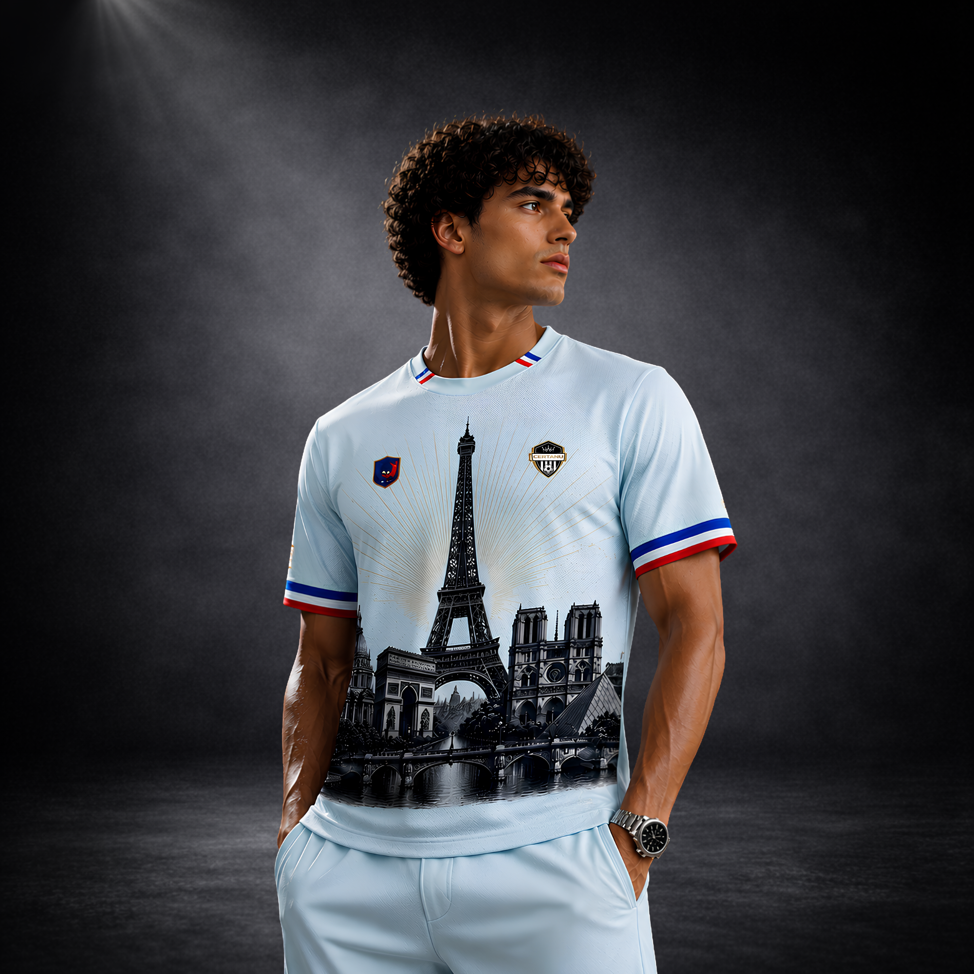 Junger Mann trägt ein exklusives hellblaues CERTANU Frankreich Fan-Trikot mit detailreichem Paris-Motiv vor dunklem Studiohintergrund. Das hochwertige Performance-Shirt zeigt auf der Vorderseite den Eiffelturm, den Arc de Triomphe, Notre-Dame de Paris, das Panthéon und eine historische Pariser Brücke in einer eleganten monochromen Illustration. Kragen und Ärmel sind mit den Farben der französischen Nationalflagge gestaltet und verleihen dem Premium Fußballshirt einen modernen sportlichen Look. Das atmungsak