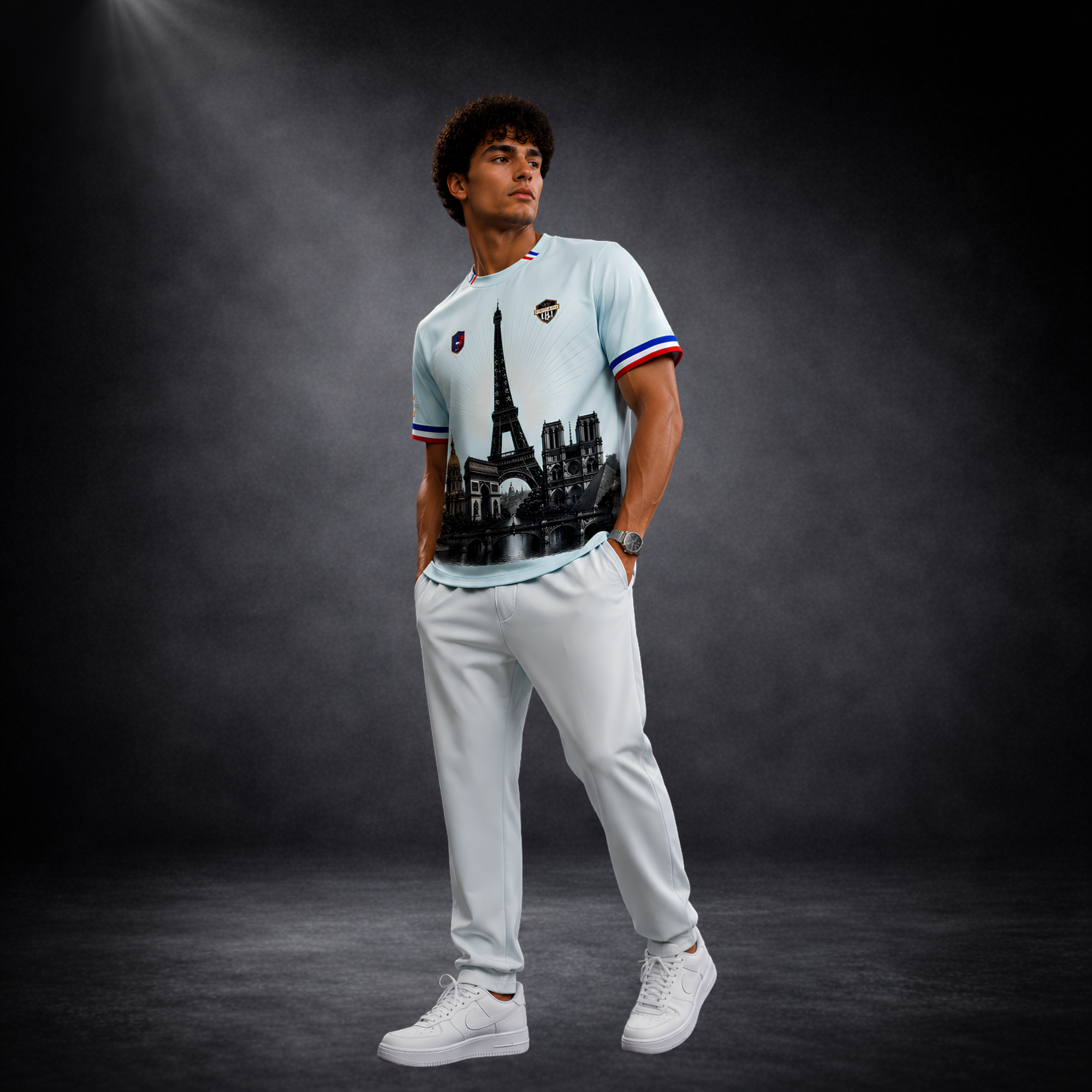 Junger Mann präsentiert ein exklusives hellblaues CERTANU Frankreich Fan-Trikot mit hochwertigem Paris-Design vor dunklem Studiohintergrund. Das Premium Fußballshirt zeigt auf der Vorderseite den Eiffelturm, den Arc de Triomphe, Notre-Dame de Paris, das Panthéon und eine historische Pariser Brücke in einer detailreichen monochromen Illustration. Kragen und Ärmel sind in den Farben der französischen Nationalflagge gestaltet und verleihen dem atmungsaktiven Performance-Trikot einen eleganten sportlichen Look.