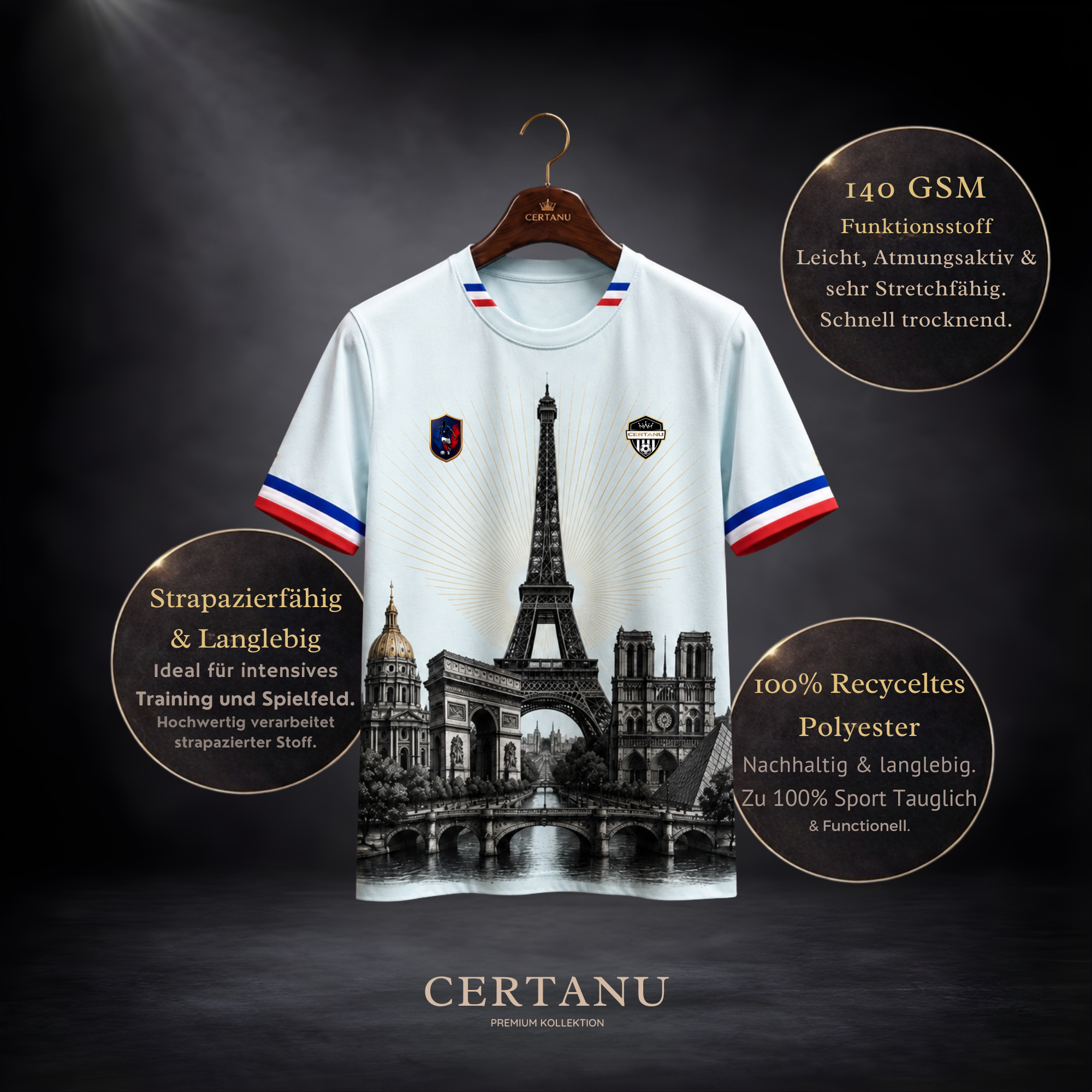 Produktbild des CERTANU France Legacy Premium Fußballshirts auf einem Holzkleiderbügel vor dunklem Studiohintergrund. Das hellblaue Funktionsshirt zeigt auf der Vorderseite eine detailreiche Paris-Skyline mit Eiffelturm, Arc de Triomphe, Notre-Dame de Paris, Panthéon und historischer Brücke in eleganter Schwarz-Weiß-Illustration. Kragen und Ärmel sind in den Farben der französischen Nationalflagge gestaltet. Infografiken weisen auf 140 GSM Funktionsstoff, atmungsaktives, schnelltrocknendes Material, 100 % r