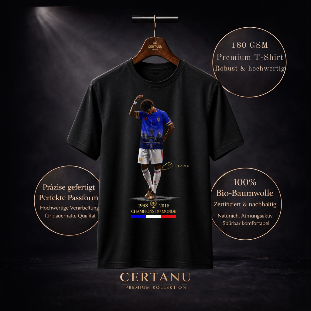 Schwarzes CERTANU Premium T-Shirt auf einem dunklen Holzkleiderbügel vor luxuriösem Studiohintergrund mit Spotbeleuchtung. Das Frontdesign zeigt einen Fußballspieler im blauen Frankreich-Trikot mit integriertem Paris-Motiv, goldenen CERTANU-Details sowie den Weltmeisterjahren 1998 und 2018. Unter dem Motiv steht der Schriftzug „Champions du Monde“ mit französischer Trikolore. Das Produktbild hebt die Materialqualität hervor und enthält Hinweise auf 180 GSM Stoffstärke, hochwertige Verarbeitung, perfekte Pas