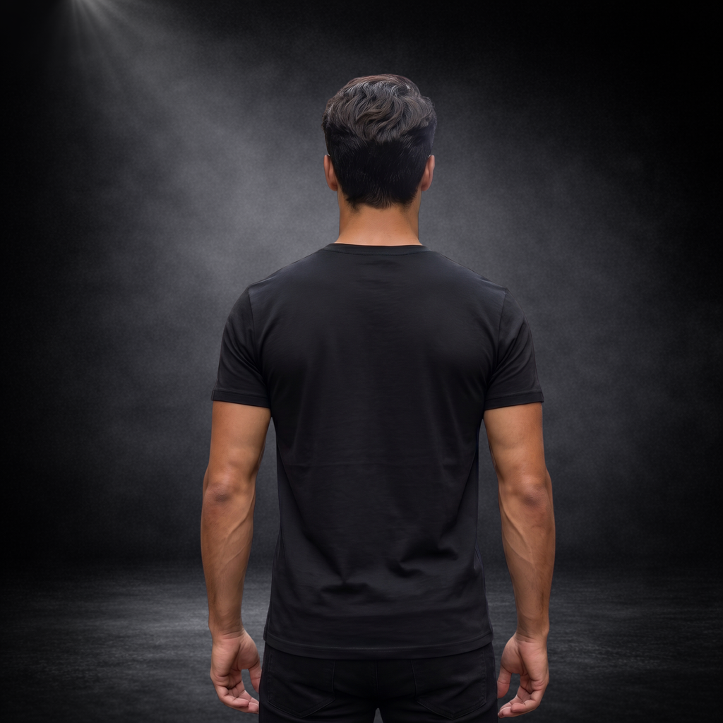 Rückansicht eines männlichen Models in einem schwarzen Premium T-Shirt vor dunklem Studiohintergrund mit dezenter Spotlight-Beleuchtung. Das Shirt wird von hinten präsentiert und zeigt die Passform, den Schnitt und die hochwertige Stoffqualität ohne sichtbaren Druck auf der Rückseite. Das minimalistische Produktfoto hebt die saubere Verarbeitung, die moderne Silhouette und den angenehmen Sitz des Shirts hervor. Ideal für Shopify, E-Commerce, Produktseiten, Modepräsentationen und hochwertige Bekleidungsmarke