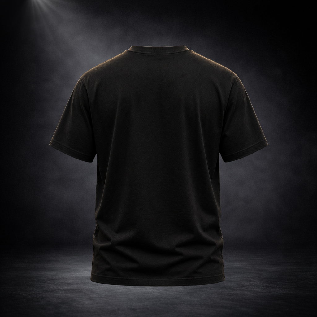 Rückansicht eines schwarzen CERTANU Premium T-Shirts vor einem dunklen Studiohintergrund mit eleganter Spotlight-Beleuchtung. Das hochwertige Produktbild zeigt die komplette Rückseite des Shirts ohne Druckmotiv und hebt die saubere Verarbeitung, die hochwertige Stoffstruktur sowie die moderne Passform hervor. Der minimalistische Look eignet sich ideal zur Darstellung von Materialqualität, Schnitt und Tragekomfort. Professionelles E-Commerce-Produktfoto für Shopify, Online-Shops und Modebrands. Perfekt für P