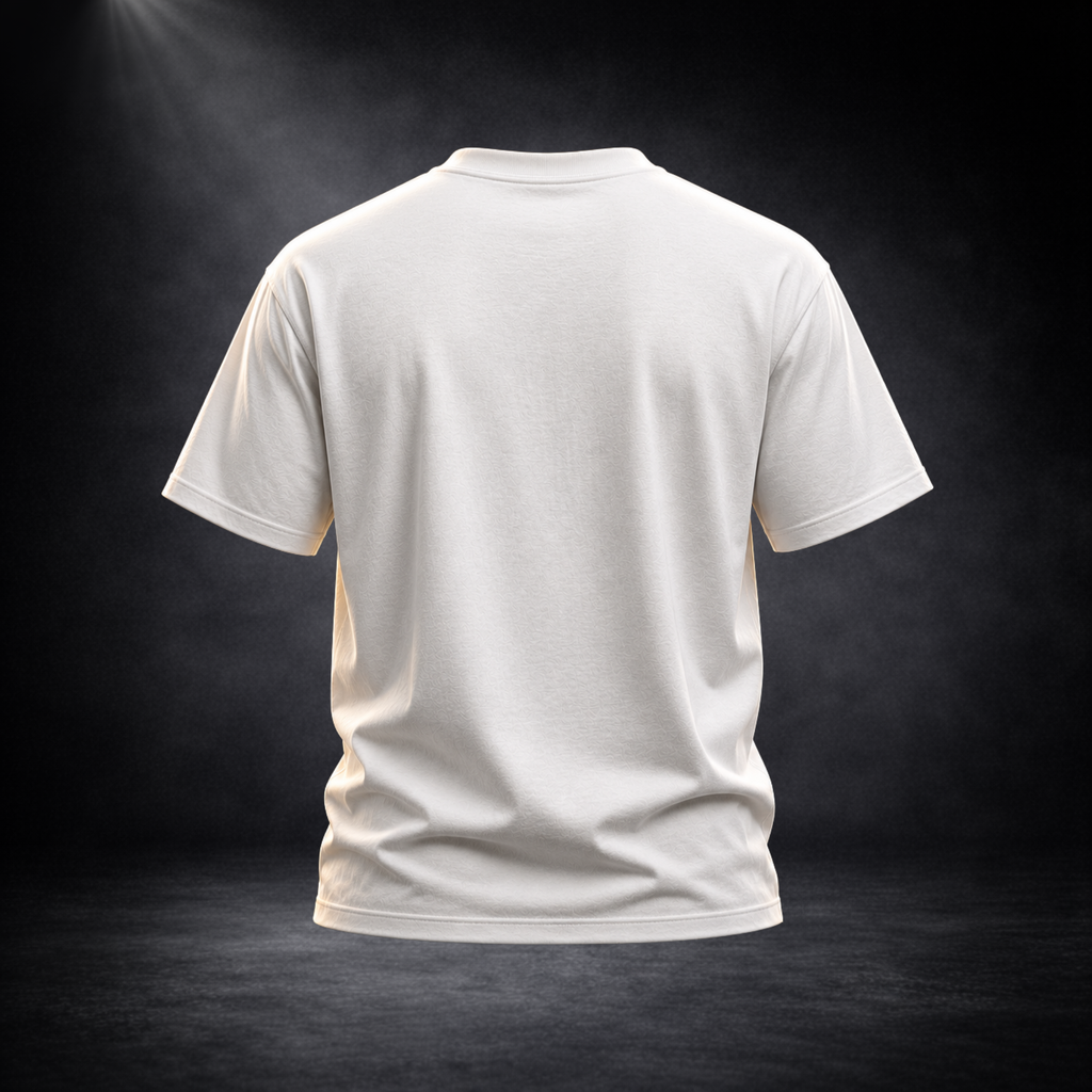 Rückansicht eines weißen CERTANU Premium T-Shirts vor dunklem Studiohintergrund mit dezenter Spotlight-Beleuchtung. Das hochwertige Produktfoto zeigt die komplette Rückseite des Shirts ohne Druckmotiv und legt den Fokus auf die Passform, die saubere Verarbeitung und die hochwertige Stoffqualität. Der minimalistische Look unterstreicht das moderne Streetwear-Design und eignet sich ideal zur Präsentation von Schnitt, Material und Tragekomfort. Professionelle E-Commerce-Aufnahme für Shopify, Online-Shops und M