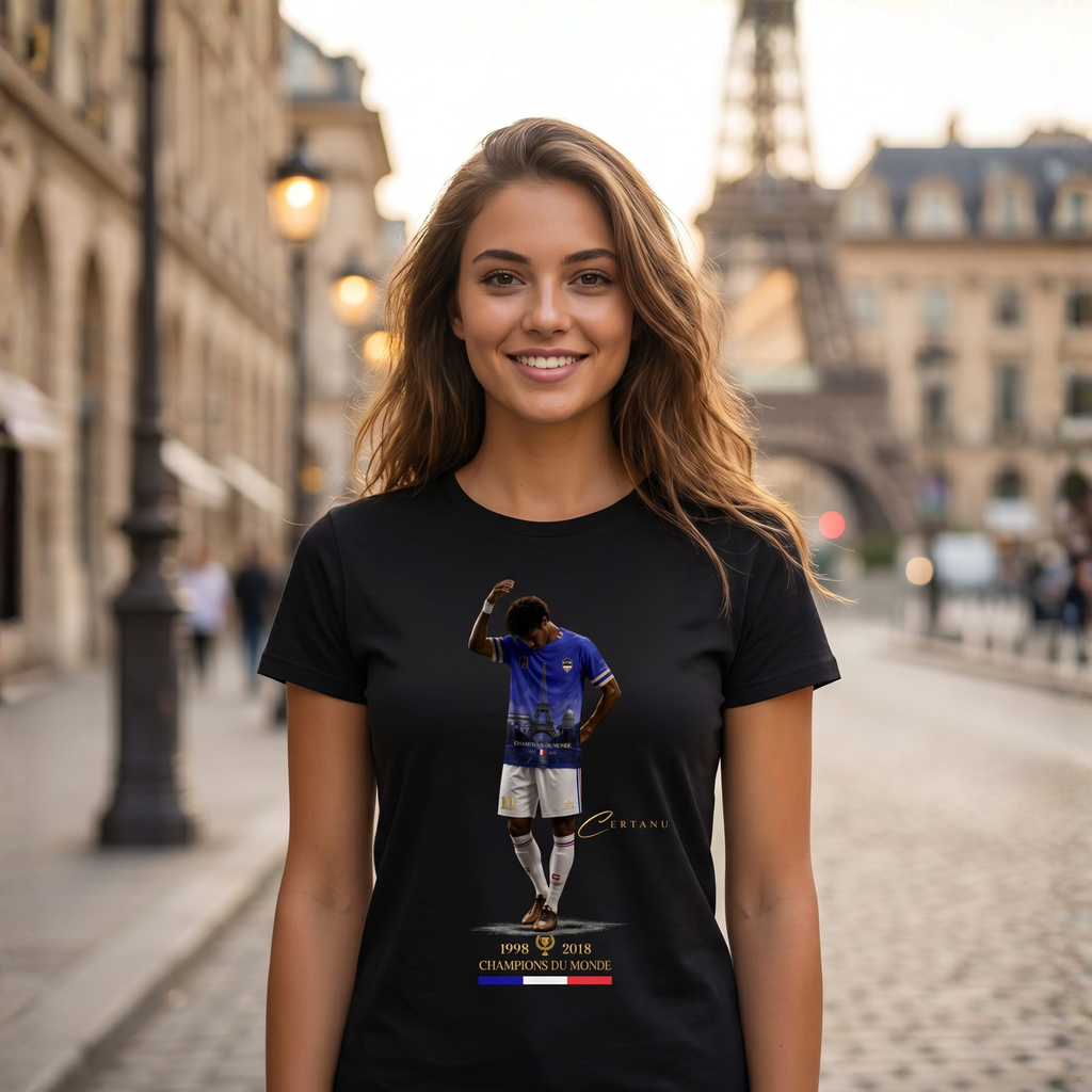 Junge Frau trägt ein schwarzes CERTANU Premium T-Shirt in einer stilvollen Pariser Straße bei warmem Abendlicht. Im Hintergrund sind die typische französische Architektur und der unscharfe Eiffelturm zu erkennen, wodurch eine authentische Paris-Atmosphäre entsteht. Das Frontdesign zeigt einen Fußballspieler im blauen Frankreich-Trikot mit integriertem Eiffelturm-Motiv, goldenen CERTANU-Elementen sowie den Weltmeisterjahren 1998 und 2018. Unter dem Motiv befindet sich der Schriftzug „Champions du Monde“ mit 