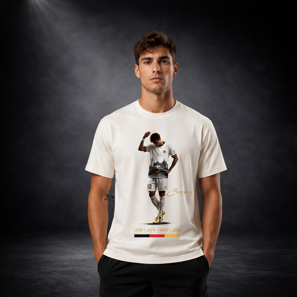 Junger männlicher Model trägt ein weißes CERTANU Deutschland Fan-Shirt vor dunklem Studiohintergrund mit dezenter Spotlight-Beleuchtung. Das exklusive Design zeigt einen Fußballspieler im weißen Trikot mit goldenen Fußballschuhen und der Nummer 10. Im Shirt-Motiv sind ikonische deutsche Wahrzeichen integriert, darunter das Brandenburger Tor und weitere Berliner Sehenswürdigkeiten. Unter dem Design stehen die Weltmeisterjahre 1954, 1974, 1990 und 2014 sowie die deutschen Nationalfarben Schwarz, Rot und Gold.