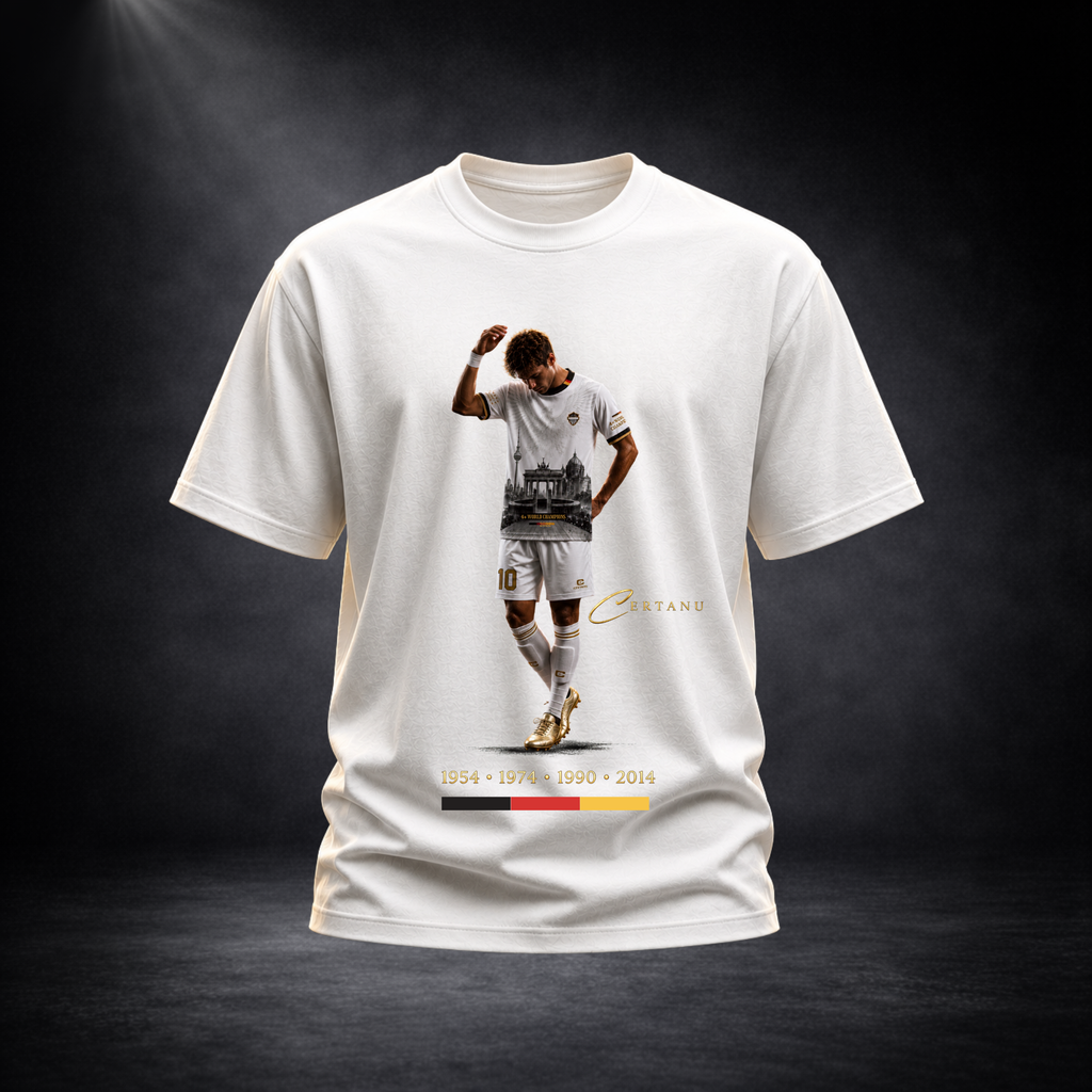 Weißes CERTANU Deutschland Fan-Shirt mit exklusivem Fußballmotiv vor dunklem Studiohintergrund. Auf der Vorderseite ist ein Fußballspieler in weißem Trikot mit goldenen Schuhen dargestellt. Das Design kombiniert den Spieler mit einer stilisierten Berliner Skyline und dem Brandenburger Tor als Symbol deutscher Fußballgeschichte. Unter dem Motiv stehen die Weltmeisterjahre 1954, 1974, 1990 und 2014 sowie die deutschen Nationalfarben Schwarz, Rot und Gold. Hochwertiges Produktfoto eines modernen Fußball-Fan-Sh