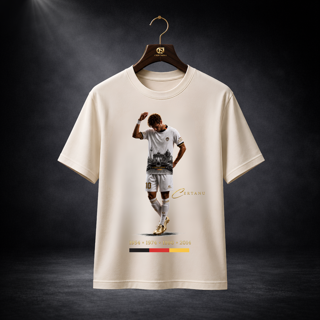 Weißes CERTANU Deutschland Fan-Shirt auf edlem Holzkleiderbügel vor dunklem Studiohintergrund. Das exklusive Fußball-Design zeigt einen Spieler im weißen Trikot mit goldenen Schuhen sowie eine stilisierte Berliner Skyline mit Brandenburger Tor. Unter dem Motiv sind die deutschen Weltmeisterjahre 1954, 1974, 1990 und 2014 sowie die Nationalfarben Schwarz, Rot und Gold abgebildet. Hochwertiges Produktbild für Shopify, Google Shopping und E-Commerce. Modernes Deutschland Fan-Shirt im Premium Streetwear-Stil fü