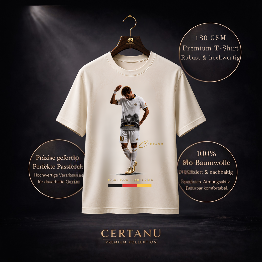 Weißes CERTANU Deutschland Fan-Shirt auf hochwertigem Holzkleiderbügel vor dunklem Studiohintergrund. Das exklusive Fußballmotiv zeigt einen Spieler im weißen Trikot mit goldenen Akzenten sowie eine stilisierte Berliner Skyline mit dem Brandenburger Tor. Unter dem Design sind die deutschen Weltmeisterjahre 1954, 1974, 1990 und 2014 sowie die Nationalfarben Schwarz, Rot und Gold dargestellt. Zusätzliche Infografik hebt die Premium-Merkmale hervor: 180 GSM Stoffqualität, hochwertige Verarbeitung, präzise Pass