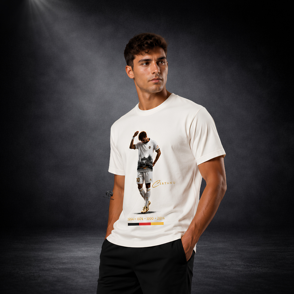 Junger männlicher Model präsentiert ein exklusives cremeweißes CERTANU Deutschland Fan-Shirt in leichter Seitenansicht vor dunklem Studiohintergrund mit professioneller Beleuchtung. Das Premium-Design zeigt einen Fußballspieler mit der Nummer 10 in weißem Trikot und goldenen Fußballschuhen. In das Motiv sind deutsche Wahrzeichen wie das Brandenburger Tor und Berliner Architektur integriert. Das goldene CERTANU-Logo ergänzt den eleganten Fußball-Lifestyle-Look. Unter dem Design stehen die Weltmeisterjahre 19