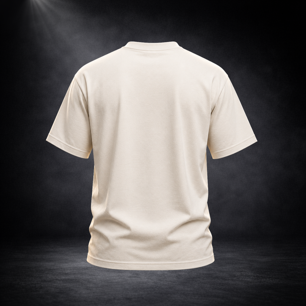 Rückansicht eines cremeweißen CERTANU Premium-T-Shirts vor dunklem Studiohintergrund mit sanfter Spotlight-Beleuchtung. Das Shirt wird ohne Rückendruck präsentiert und zeigt die schlichte, elegante Rückseite mit modernem Schnitt und hochwertiger Verarbeitung. Die neutrale Rückansicht hebt die Passform, den Stofffall und die sauberen Nähte hervor. Ideal als Deutschland Fan-Shirt, Fußball-Lifestyle-Shirt, Streetwear und Freizeitmode. Hochwertiges E-Commerce-Produktfoto zur Darstellung von Materialqualität, Ko
