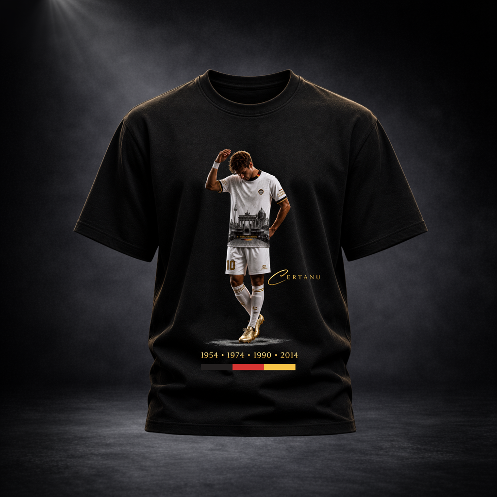 Schwarzes CERTANU Deutschland Fan-Shirt mit exklusivem Fußball-Design vor dunklem Studiohintergrund. Auf der Vorderseite ist ein Fußballspieler in weißem Trikot mit goldenen Schuhen dargestellt, kombiniert mit einer stilisierten Berliner Skyline und dem Brandenburger Tor. Unter dem Motiv stehen die Weltmeisterjahre 1954, 1974, 1990 und 2014 sowie die deutschen Nationalfarben. Das Premium-Shirt verbindet Fußballgeschichte, Deutschland-Stolz und moderne Streetwear-Optik. Hochwertiges Produktfoto für Shopify, 
