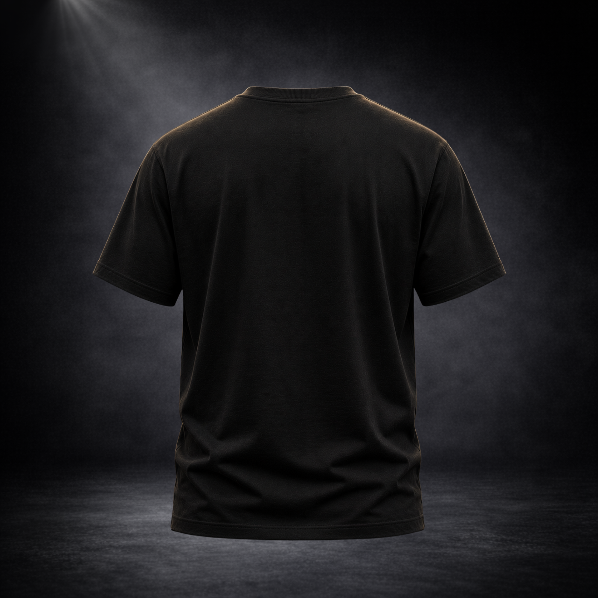 Rückansicht eines schwarzen CERTANU Deutschland Fan-Shirts vor dunklem Studiohintergrund. Das T-Shirt zeigt ein cleanes, unbedrucktes Rückenteil mit hochwertiger Stoffstruktur und modernem Regular-Fit-Schnitt. Die schwarze Farbgebung verleiht dem Shirt einen zeitlosen und vielseitigen Look. Produktfoto für Shopify, Google Shopping und E-Commerce, ideal zur Darstellung der Passform, Materialqualität und Rückansicht des Deutschland Fußball Fan-Shirts. Premium Streetwear inspiriert von deutscher Fußballkultur 