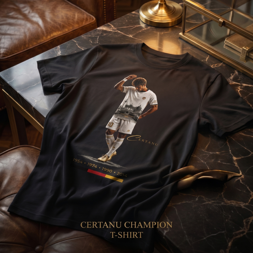 Schwarzes CERTANU Fußball T-Shirt mit Spieler-Motiv auf einem luxuriösen schwarzen Marmortisch in stilvoller Premium-Umgebung. Das Design zeigt einen Fußballspieler in weißem Trikot mit goldenen Schuhen sowie die deutschen Weltmeisterjahre 1954, 1974, 1990 und 2014 in Gold. Darunter befinden sich die Farben der deutschen Flagge. Warme Beleuchtung, hochwertige Leder- und Marmorelemente sowie elegante Goldakzente verleihen dem Produktbild einen exklusiven Lifestyle- und Fashion-Look. Modernes Deutschland Fußb