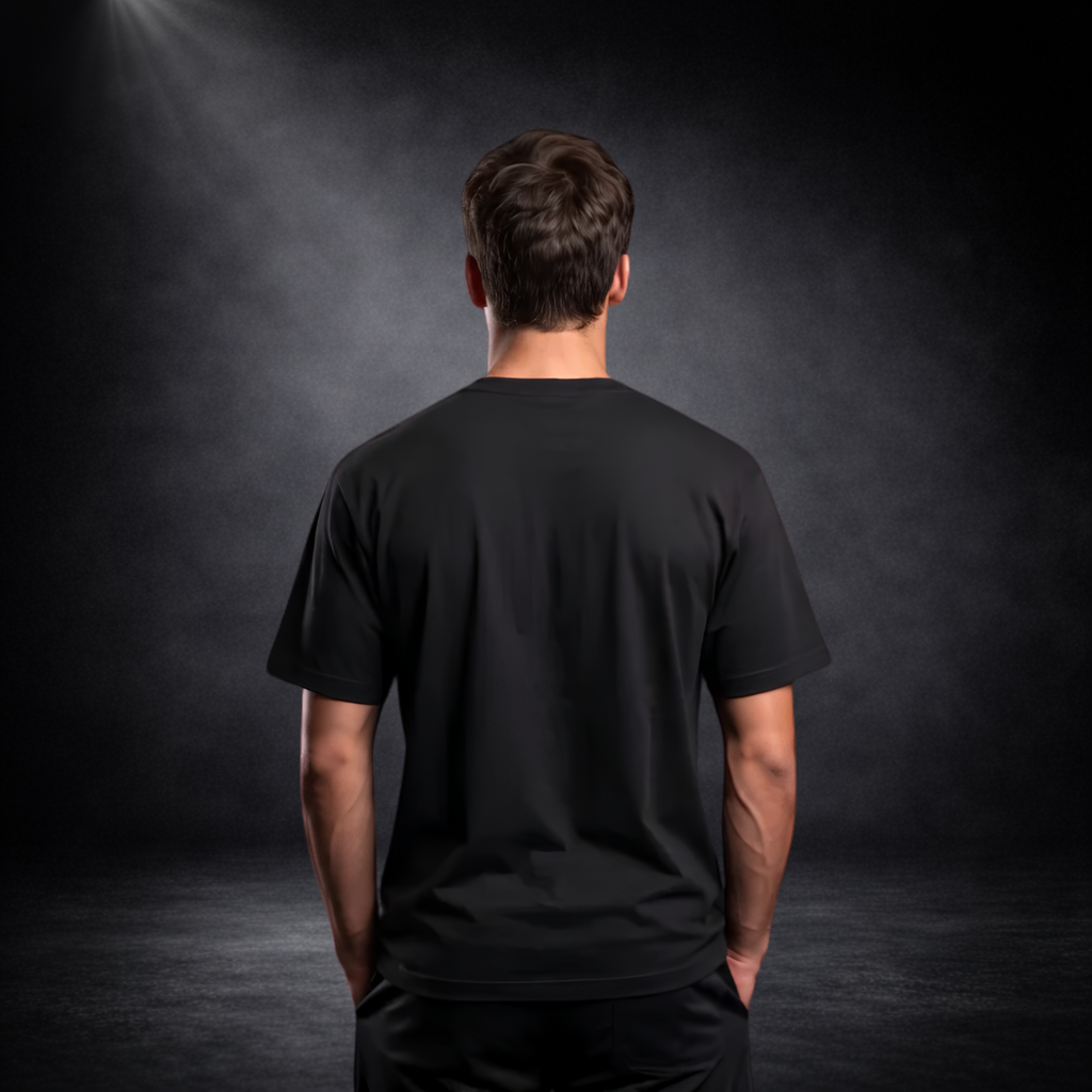 Rückansicht eines jungen Mannes in einem schwarzen CERTANU Premium Baumwoll-T-Shirt vor dunklem Studiohintergrund. Die schlichte, einfarbig schwarze Rückseite unterstreicht den minimalistischen Streetwear-Look und die hochwertige Verarbeitung des Shirts. Das moderne Regular-Fit-T-Shirt eignet sich ideal für Freizeit, Alltag, Fußballfans, Stadionbesuche sowie als stilvolles Basic für die FIFA Fußball-Weltmeisterschaft.