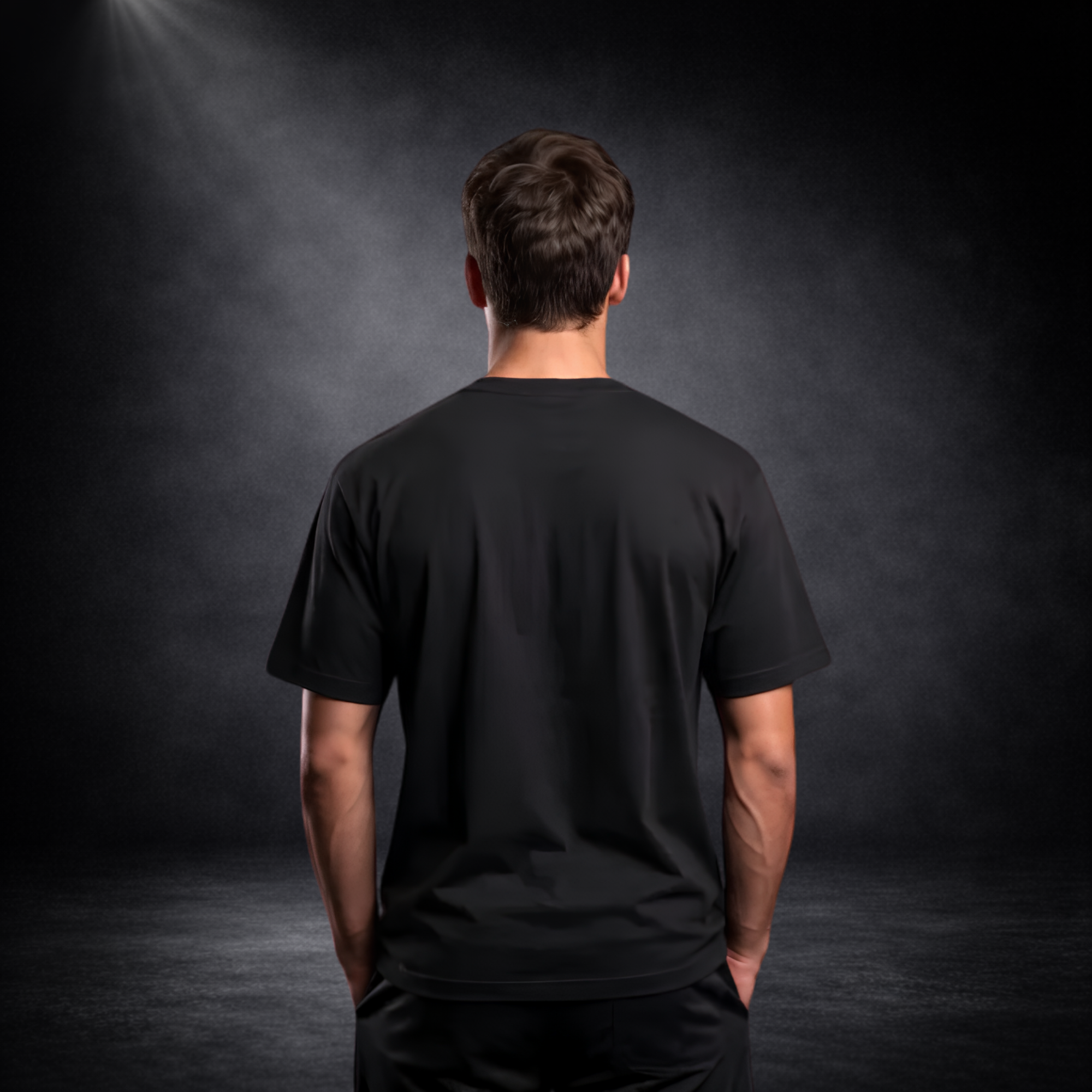 Rückansicht eines jungen Mannes in einem schwarzen CERTANU Premium Baumwoll-T-Shirt vor dunklem Studiohintergrund. Die schlichte, einfarbig schwarze Rückseite unterstreicht den minimalistischen Streetwear-Look und die hochwertige Verarbeitung des Shirts. Das moderne Regular-Fit-T-Shirt eignet sich ideal für Freizeit, Alltag, Fußballfans, Stadionbesuche sowie als stilvolles Basic für die FIFA Fußball-Weltmeisterschaft.