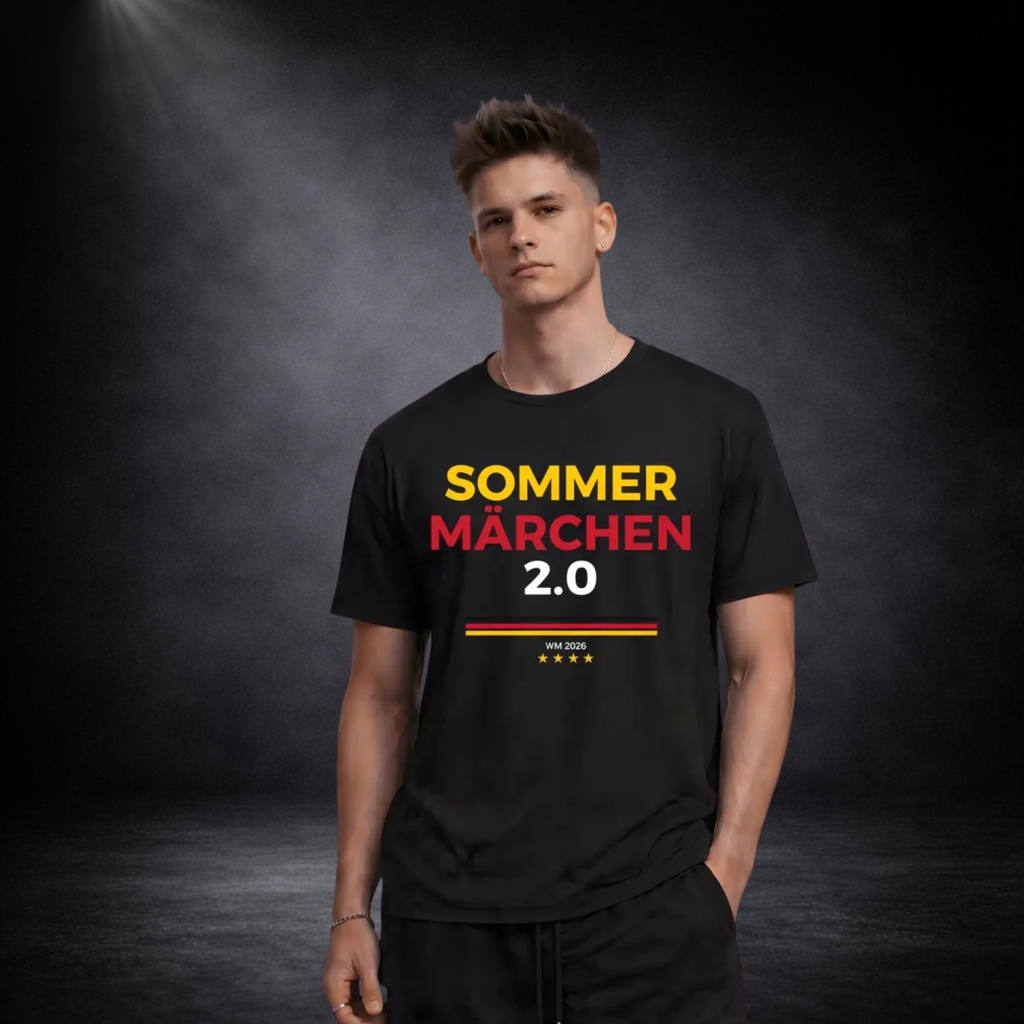 Junger Mann trägt schwarzes Deutschland WM 2026 T-Shirt mit „Sommermärchen 2.0“ Print in Schwarz-Rot-Gold, modernes Fußball Fan Shirt, Lifestyle Mockup vor dunklem Studiohintergrund