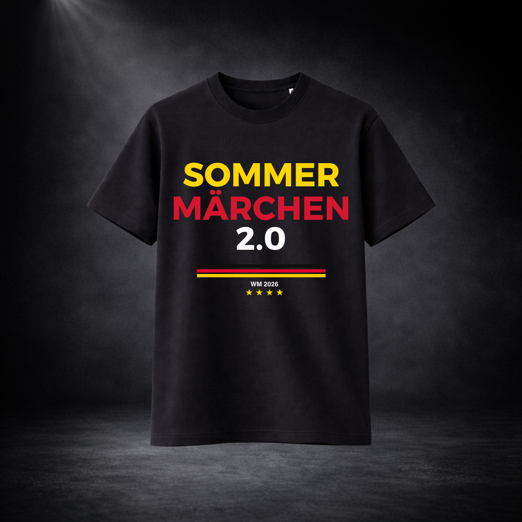 Schwarzes Deutschland WM 2026 T-Shirt mit „Sommermärchen 2.0“ Print in Schwarz-Rot-Gold, minimalistisches Fußball Fan Shirt, freigestelltes Produktbild vor dunklem Hintergrund
