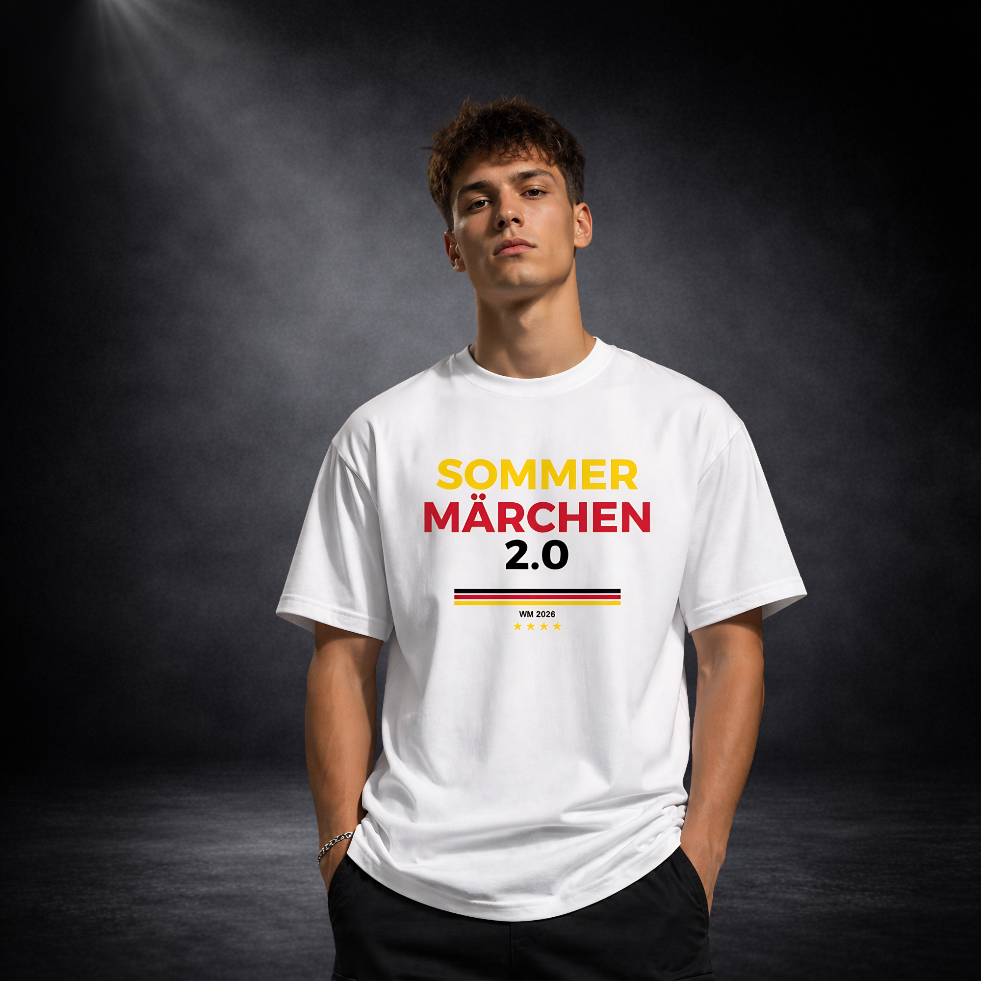 Junger Mann trägt weißes Deutschland WM 2026 T-Shirt mit „Sommermärchen 2.0“ Print in Schwarz-Rot-Gold, moderner Streetwear Look vor dunklem Studiohintergrund