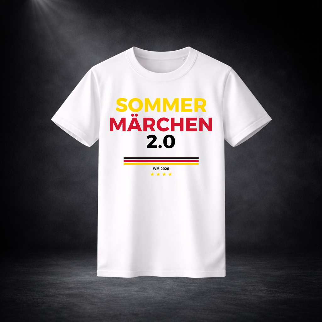 Weißes Deutschland WM 2026 T-Shirt mit „Sommermärchen 2.0“ Schriftzug in Schwarz-Rot-Gold, minimalistisches Frontdesign, freigestelltes Produktbild auf dunklem Hintergrund