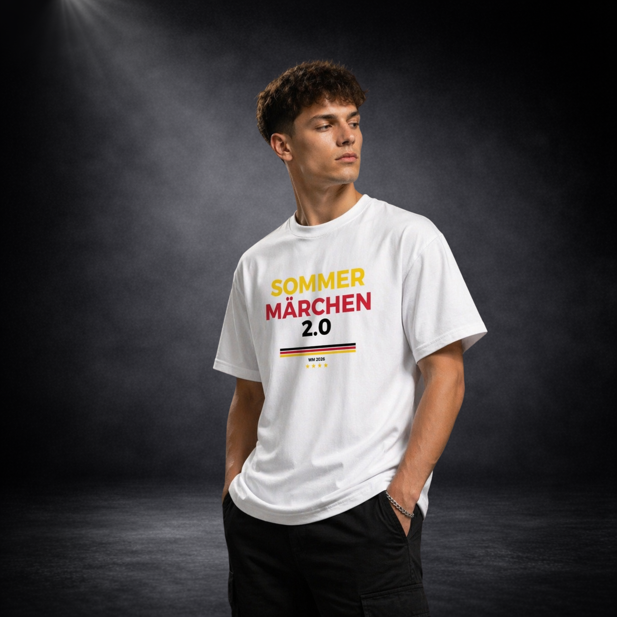 Junger Mann trägt weißes Deutschland WM 2026 T-Shirt mit „Sommermärchen 2.0“ Print in Schwarz-Rot-Gold, modernes Fußball Fan Shirt, Lifestyle Mockup vor dunklem Studiohintergrund