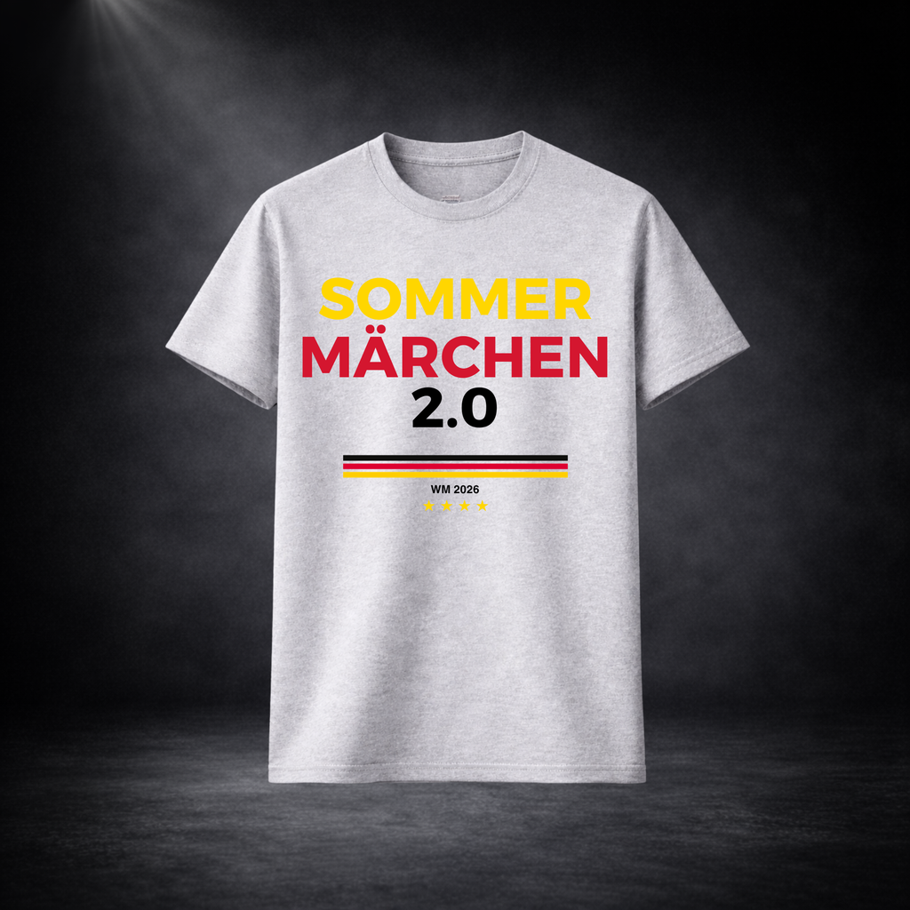 Graues Deutschland Fußball T-Shirt „Sommermärchen 2.0“ mit Schwarz-Rot-Gold Streifen und WM 2026 Print, modernes Fan Shirt Mockup vor dunklem Studiohintergrund