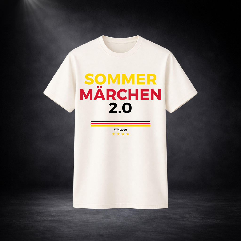 Beiges Deutschland Fußball T-Shirt „Sommermärchen 2.0“ mit Schwarz-Rot-Gold Streifen und WM 2026 Print, minimalistisches Fan Shirt Produktbild vor dunklem Studiohintergrund