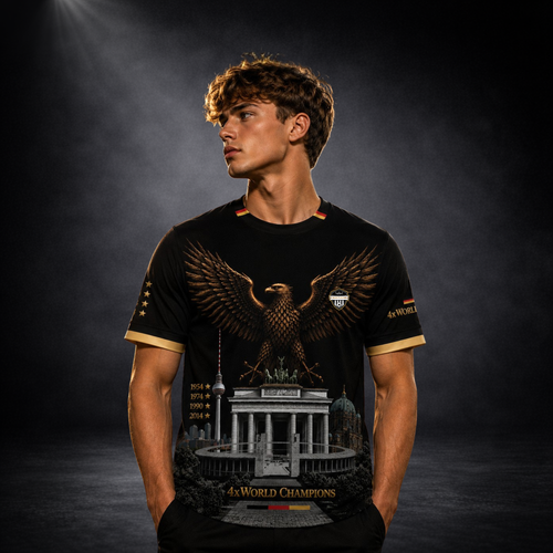Junger Mann trägt ein exklusives schwarzes Deutschland Fußball Fan-Shirt von CERTANU mit großem bronzefarbenem Adler auf der Brust. Das Design kombiniert deutsche Wahrzeichen wie das Brandenburger Tor, den Berliner Fernsehturm, den Berliner Dom und ein modernes Fußballstadion. Die Jahreszahlen 1954, 1974, 1990 und 2014 erinnern an die vier deutschen Weltmeistertitel. Goldene Akzente, Deutschland-Farben am Kragen und die Aufschrift „4x World Champions“ verleihen dem Shirt einen hochwertigen Premium-Streetwea