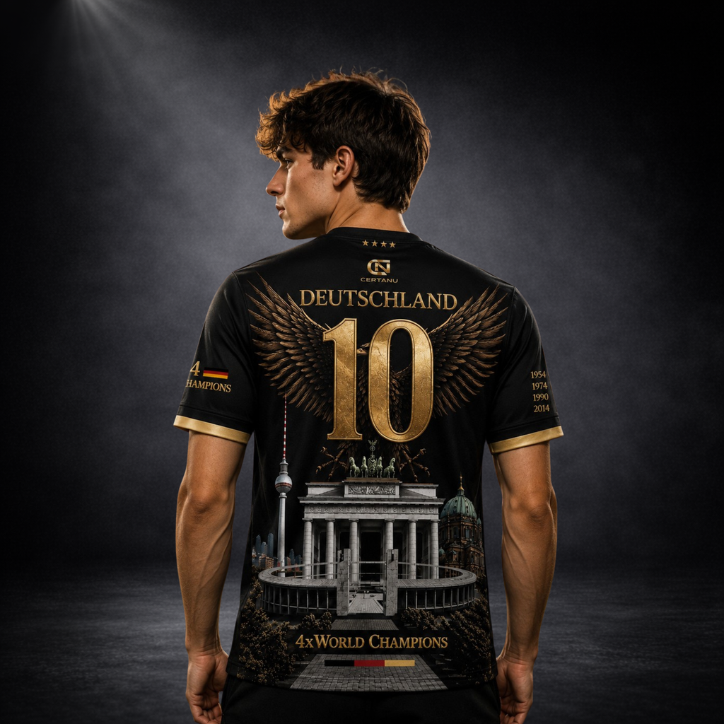 Rückansicht eines jungen Mannes mit einem exklusiven schwarzen Deutschland Fußball Fan-Shirt von CERTANU. Das Design zeigt eine große goldene Nummer 10 mit ausgebreiteten Adlerflügeln und dem Schriftzug „DEUTSCHLAND“. Im unteren Bereich befinden sich das Brandenburger Tor, der Berliner Fernsehturm, der Berliner Dom und ein modernes Fußballstadion als Hommage an die deutsche Fußballgeschichte. Die Jahreszahlen 1954, 1974, 1990 und 2014 erinnern an die vier deutschen Weltmeistertitel. Goldene Akzente, Deutsch