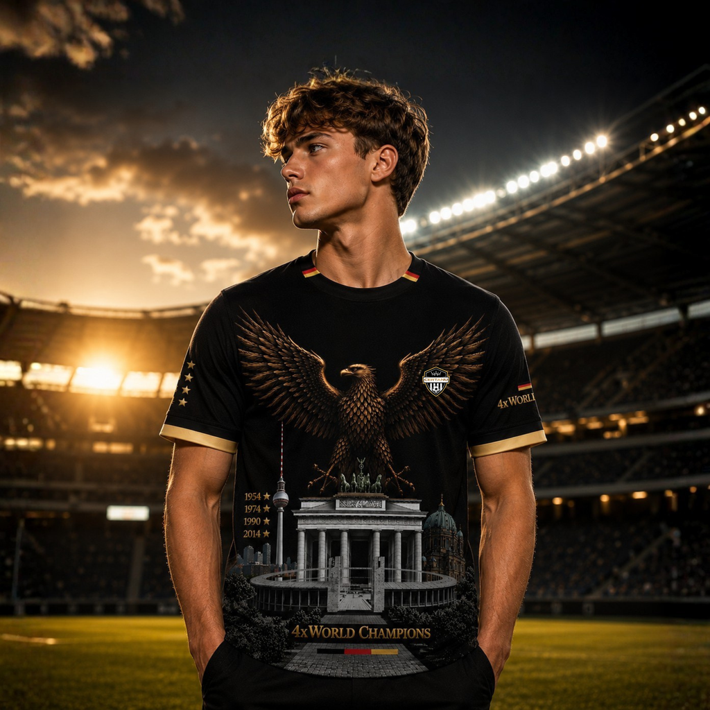 Junger Mann trägt ein exklusives schwarzes Deutschland Fußball Fan-Shirt von CERTANU in einem modernen Fußballstadion bei Sonnenuntergang. Das Shirt zeigt einen großen bronzefarbenen Adler mit ausgebreiteten Flügeln über dem Brandenburger Tor, dem Berliner Fernsehturm, dem Berliner Dom und einem stilisierten Stadion. Die Weltmeisterjahre 1954, 1974, 1990 und 2014 sind auf dem Design integriert und werden durch die Aufschrift „4x World Champions“ hervorgehoben. Goldene Ärmelabschlüsse, Sterne und Deutschland