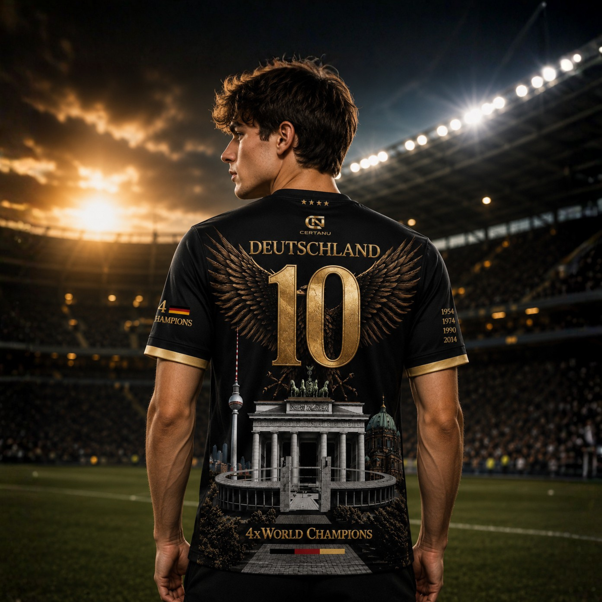 Rückansicht eines jungen Mannes in einem Fußballstadion bei Sonnenuntergang mit einem exklusiven schwarzen Deutschland Fußball Fan-Shirt von CERTANU. Das Rückendesign zeigt eine große goldene Nummer 10 mit ausgebreiteten Adlerflügeln sowie den Schriftzug „DEUTSCHLAND“. Im unteren Bereich sind das Brandenburger Tor, der Berliner Fernsehturm, der Berliner Dom und ein modernes Stadion kunstvoll integriert. Die Weltmeisterjahre 1954, 1974, 1990 und 2014 erinnern an die vier deutschen WM-Titel. Goldene Details, 