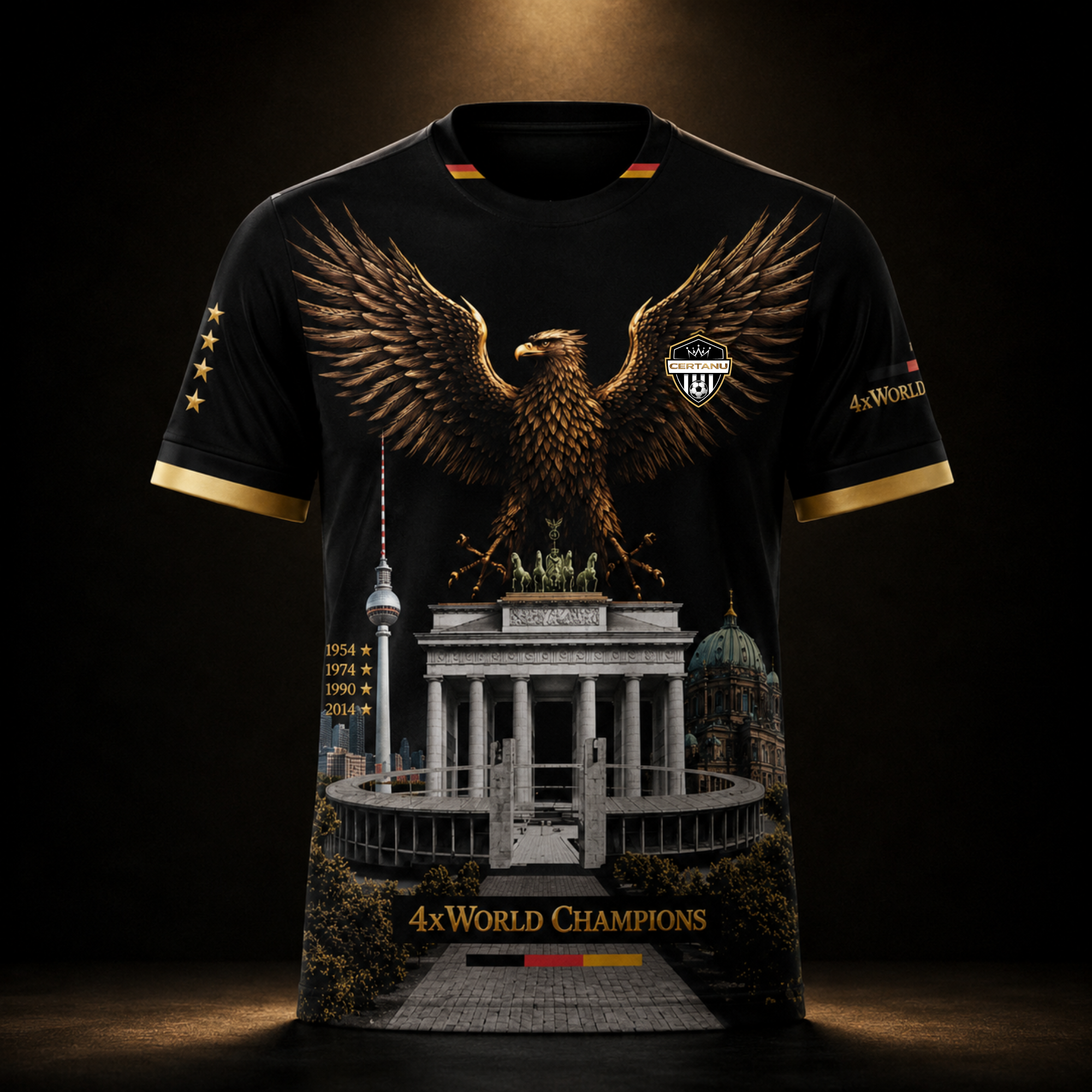 Vorderansicht eines exklusiven schwarzen Deutschland Fußball Fan-Shirts von CERTANU mit großem bronzefarbenem Adler und hochwertigen Goldakzenten. Das Design zeigt deutsche Wahrzeichen wie das Brandenburger Tor, den Berliner Fernsehturm, den Berliner Dom sowie ein modernes Fußballstadion. Die Jahreszahlen 1954, 1974, 1990 und 2014 erinnern an die vier deutschen Weltmeistertitel. Goldene Sterne auf dem Ärmel, Deutschland-Farben am Kragen und die Aufschrift „4x World Champions“ unterstreichen den Premium-Char