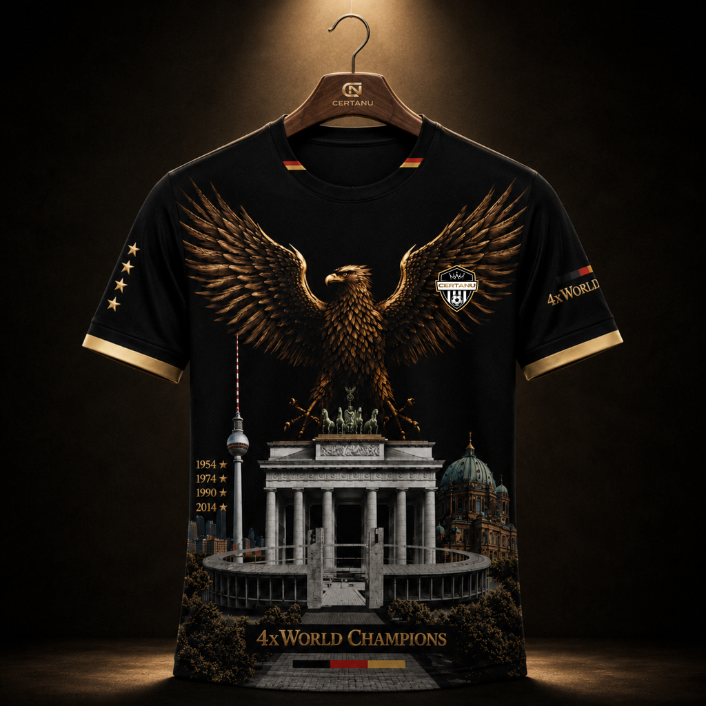 Vorderansicht eines exklusiven schwarzen Deutschland Fußball Fan-Shirts von CERTANU auf einem edlen Holzkleiderbügel. Das Premium-Design zeigt einen kraftvollen goldenen Adler mit ausgebreiteten Flügeln über dem Brandenburger Tor, dem Berliner Fernsehturm, dem Berliner Dom und einem modernen Fußballstadion. Auf der linken Seite sind die Weltmeisterjahre 1954, 1974, 1990 und 2014 dargestellt. Goldene Akzente, vier Sterne und die Aufschrift „4x World Champions“ symbolisieren die vier WM-Titel Deutschlands. Sc