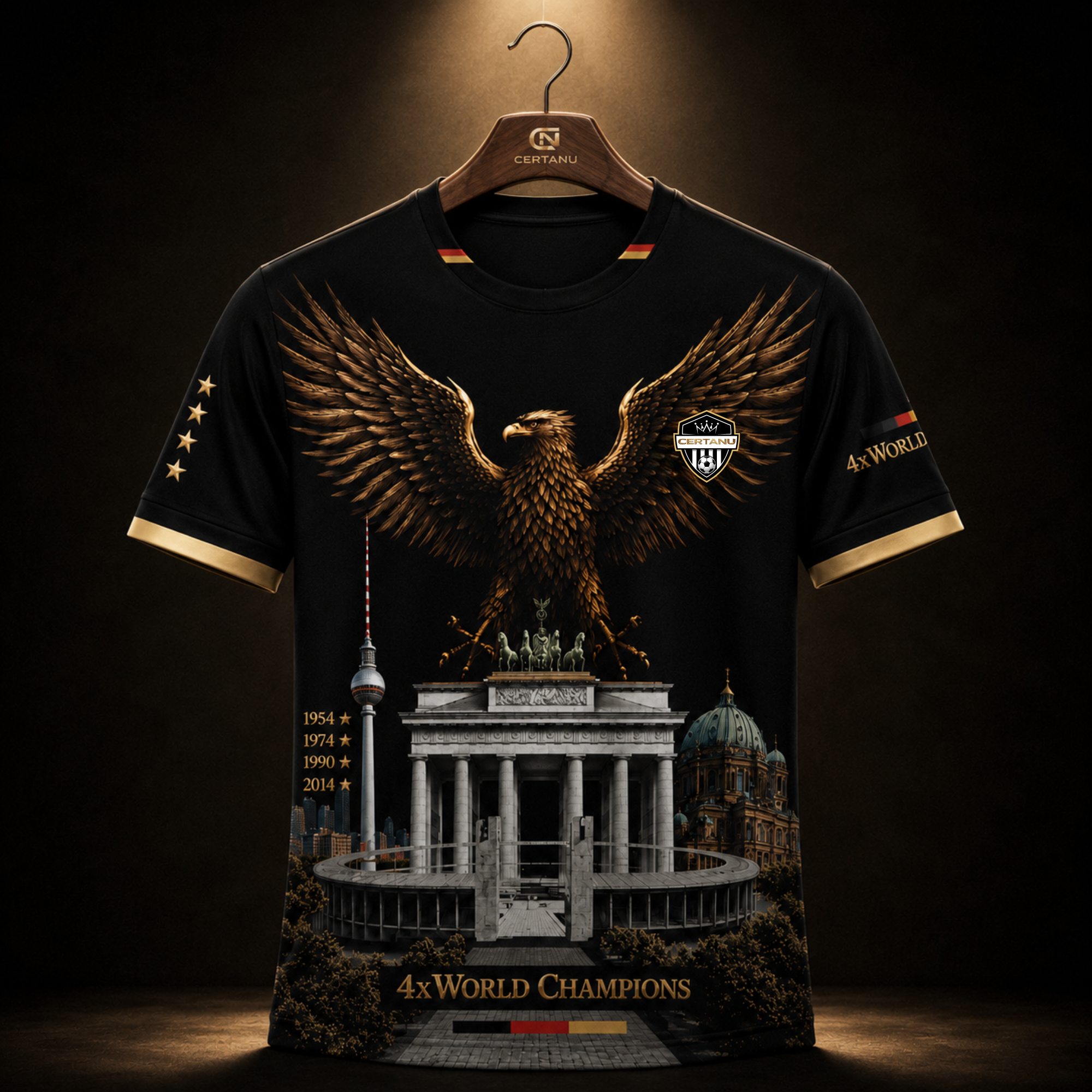 Vorderansicht eines exklusiven schwarzen Deutschland Fußball Fan-Shirts von CERTANU auf einem edlen Holzkleiderbügel. Das Premium-Design zeigt einen kraftvollen goldenen Adler mit ausgebreiteten Flügeln über dem Brandenburger Tor, dem Berliner Fernsehturm, dem Berliner Dom und einem modernen Fußballstadion. Auf der linken Seite sind die Weltmeisterjahre 1954, 1974, 1990 und 2014 dargestellt. Goldene Akzente, vier Sterne und die Aufschrift „4x World Champions“ symbolisieren die vier WM-Titel Deutschlands. Sc