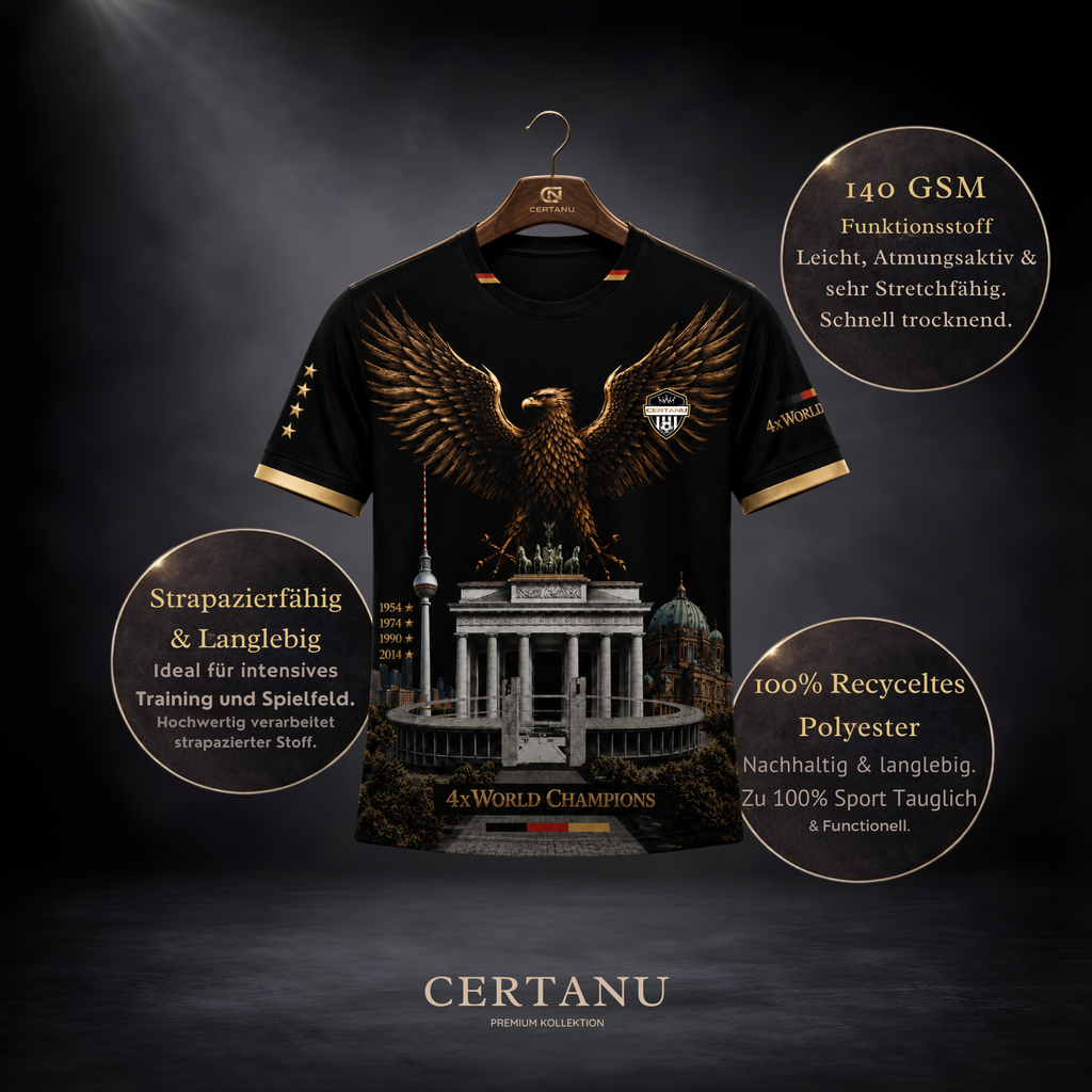 Infografik eines schwarzen Deutschland Fußball Funktionsshirts von CERTANU auf einem Holzkleiderbügel vor dunklem Studiohintergrund. Das hochwertige Design zeigt einen goldenen Adler über dem Brandenburger Tor, Berliner Fernsehturm, Berliner Dom und einem Fußballstadion. Die Jahreszahlen 1954, 1974, 1990 und 2014 erinnern an die vier Weltmeistertitel Deutschlands. Goldene Details und die Aufschrift „4x World Champions“ verleihen dem Shirt einen luxuriösen Fußball-Streetwear-Look. Zusätzliche Informationsfel