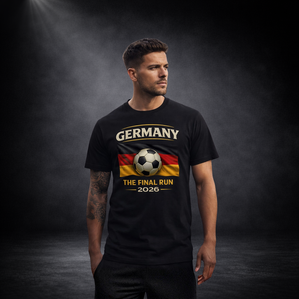 Mann trägt schwarzes T-Shirt mit „Germany – The Final Run 2026“-Print, Fußball vor deutscher Flagge, dunkler Studio-Hintergrund
