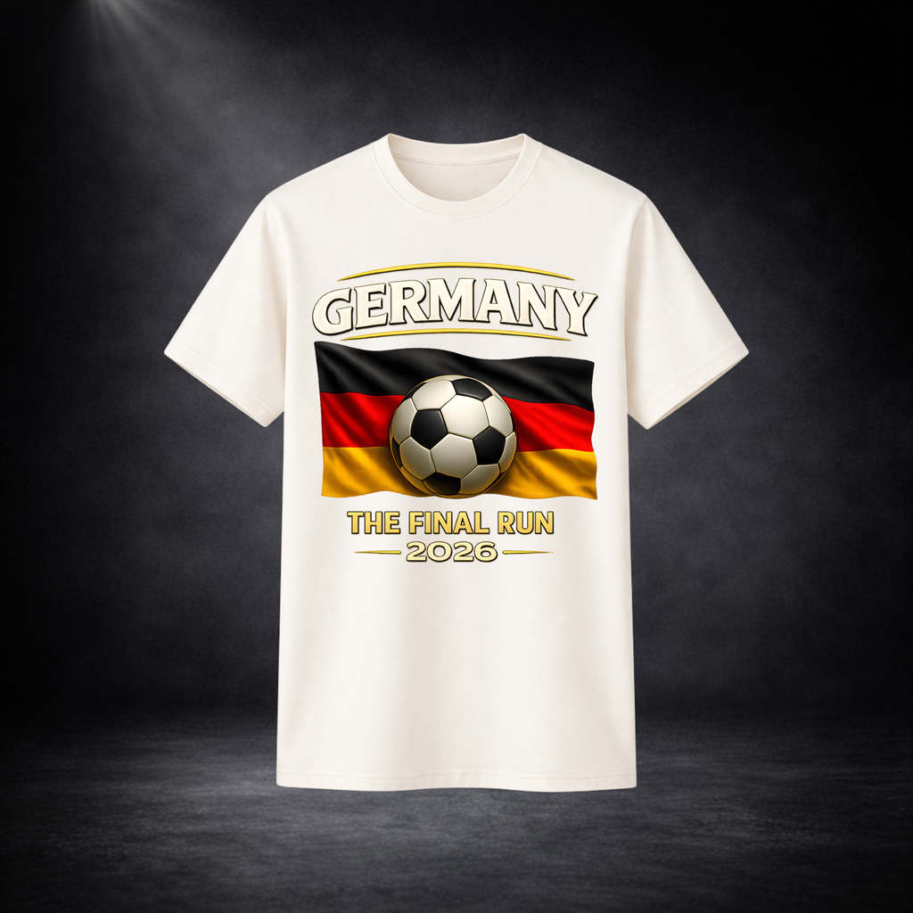 Beiges T-Shirt mit Deutschland-Design: „GERMANY“, deutsche Flagge mit Fußball sowie „THE FINAL RUN 2026“, vor dunklem Studio-Hintergrund