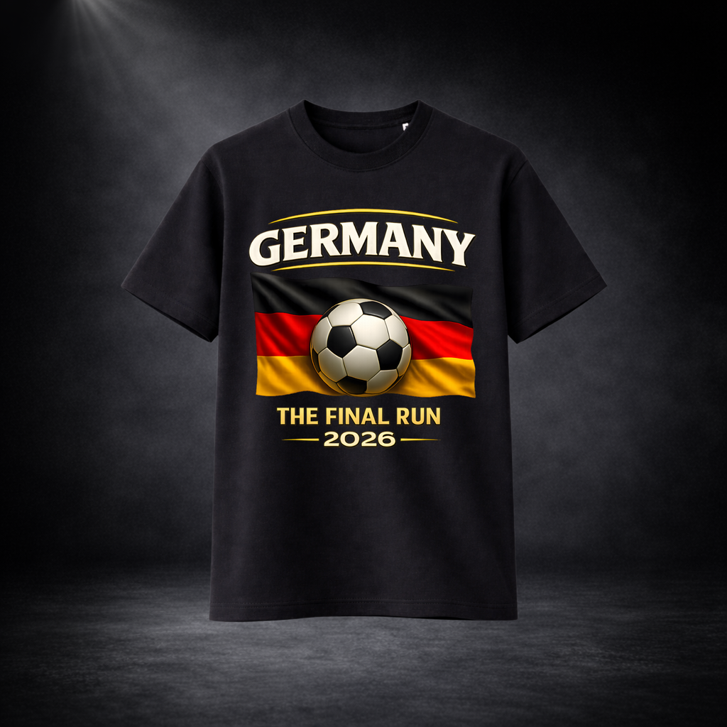 Schwarzes T-Shirt Vorderseite mit „Germany – The Final Run 2026“-Print, Fußball vor deutscher Flagge, dunkler Studio-Hintergrund