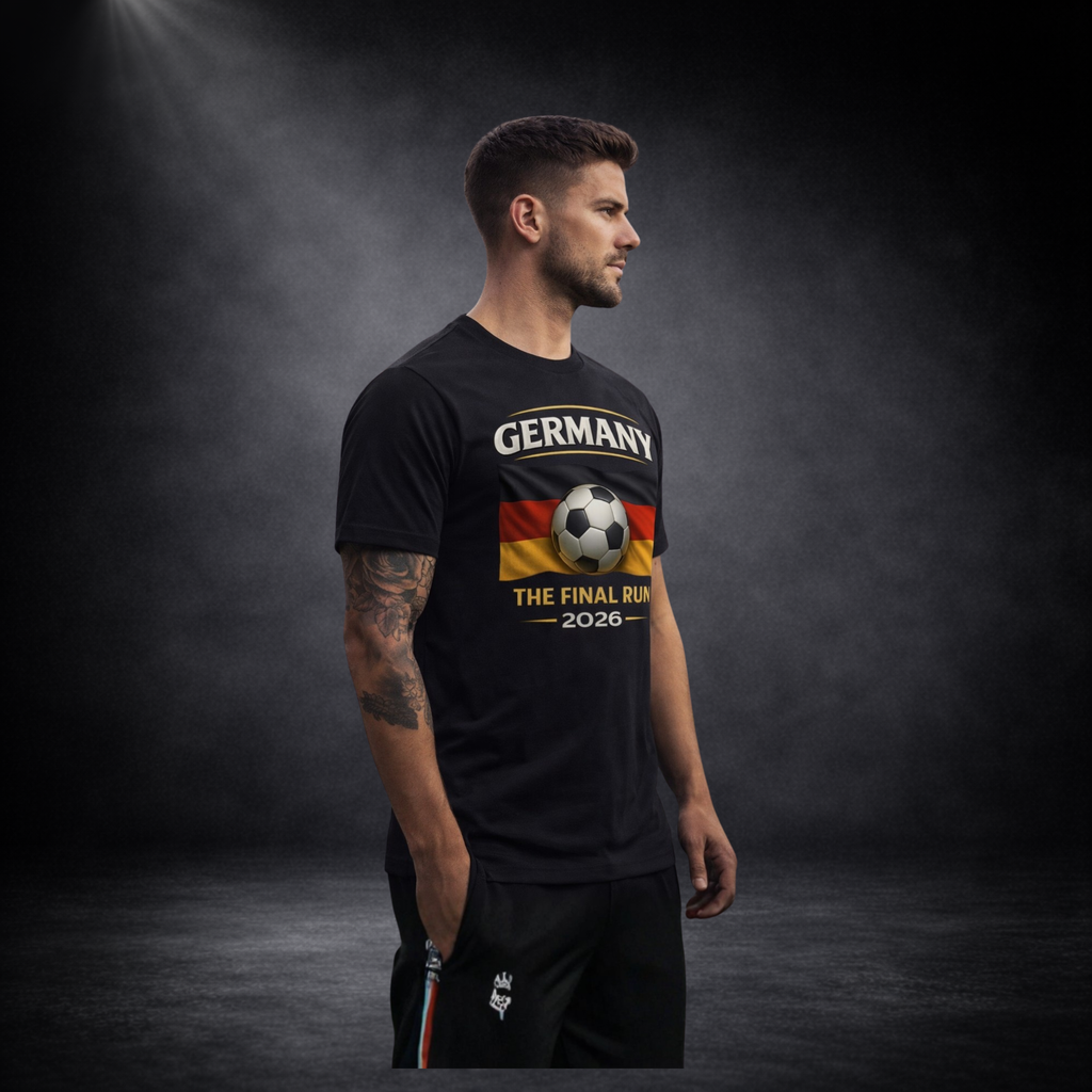 Seitenansicht eines Mannes im schwarzen T-Shirt mit „Germany – The Final Run 2026“-Print, Fußball vor deutscher Flagge, dunkler Studio-Hintergrund