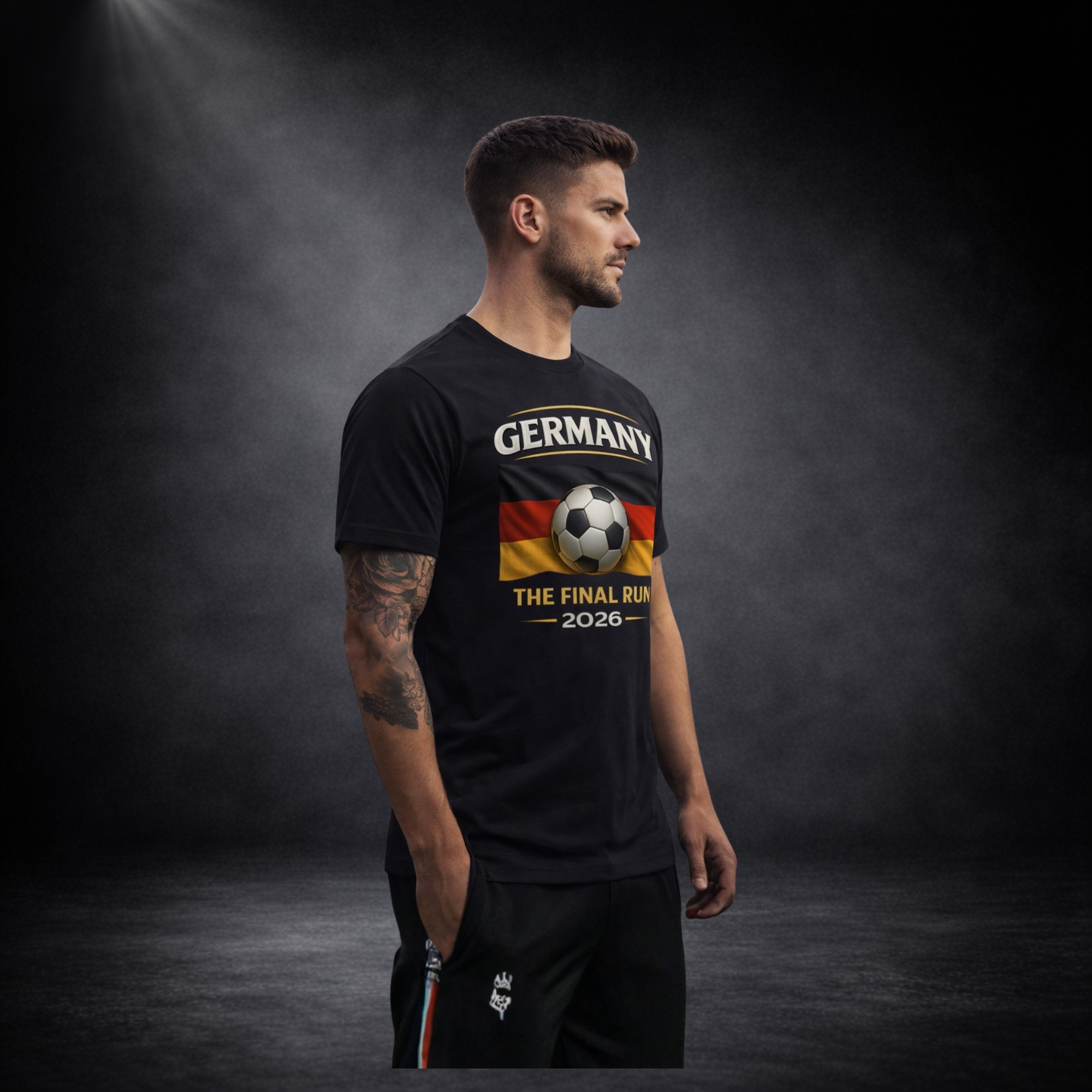 Seitenansicht eines Mannes im schwarzen T-Shirt mit „Germany – The Final Run 2026“-Print, Fußball vor deutscher Flagge, dunkler Studio-Hintergrund