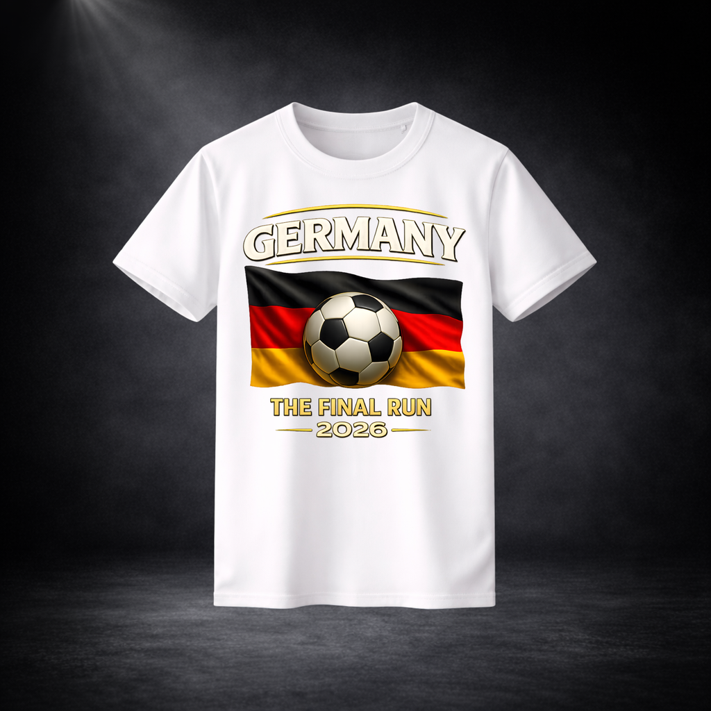 Weißes T-Shirt mit Deutschland-Design: Schriftzug „GERMANY“, deutsche Flagge mit Fußball sowie „THE FINAL RUN 2026“, vor dunklem Studio-Hintergrund